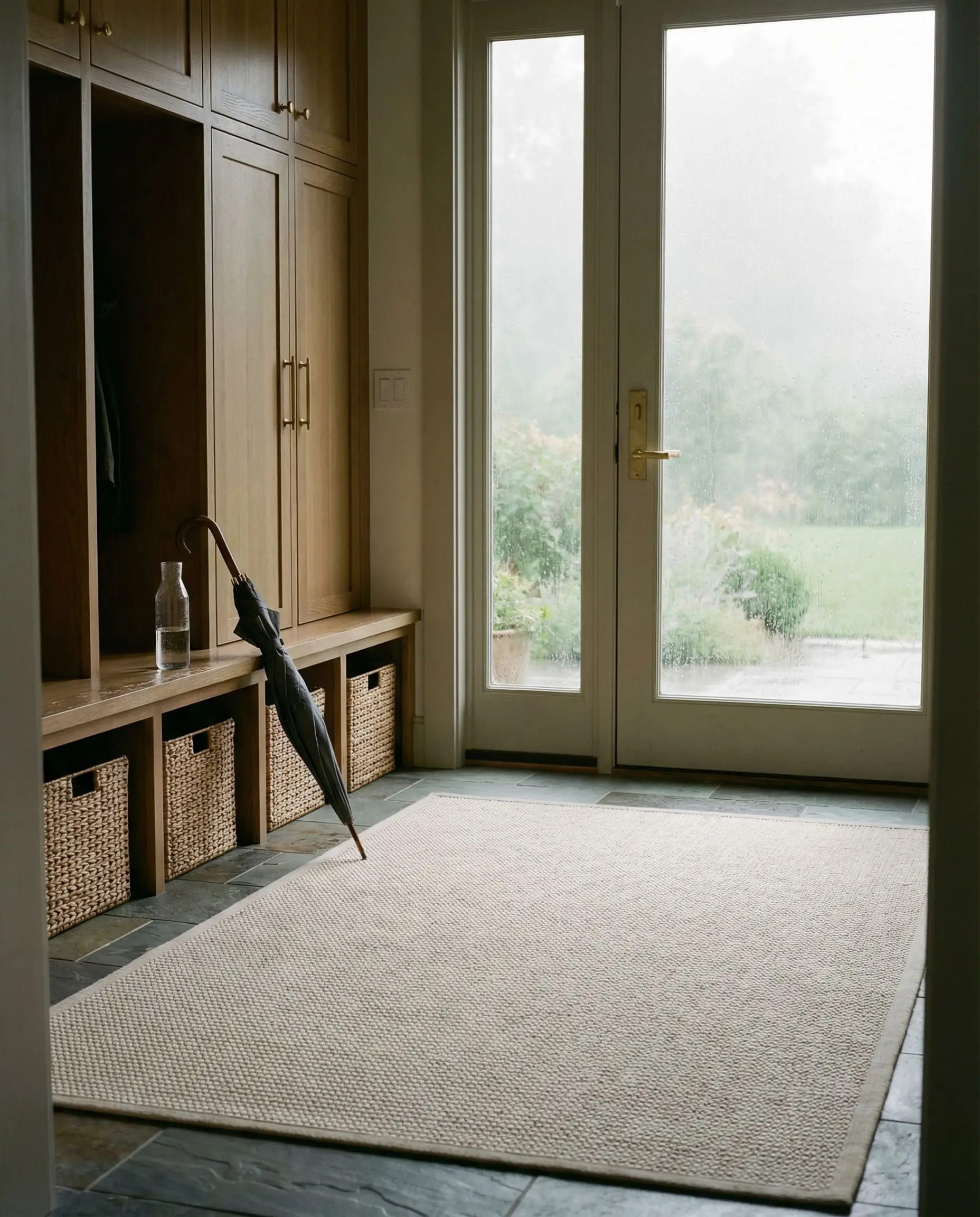 A soft polypropylene indoor/outdoor neutral rug rests on a slate tile floor in a modern mudroom with custom lockers.