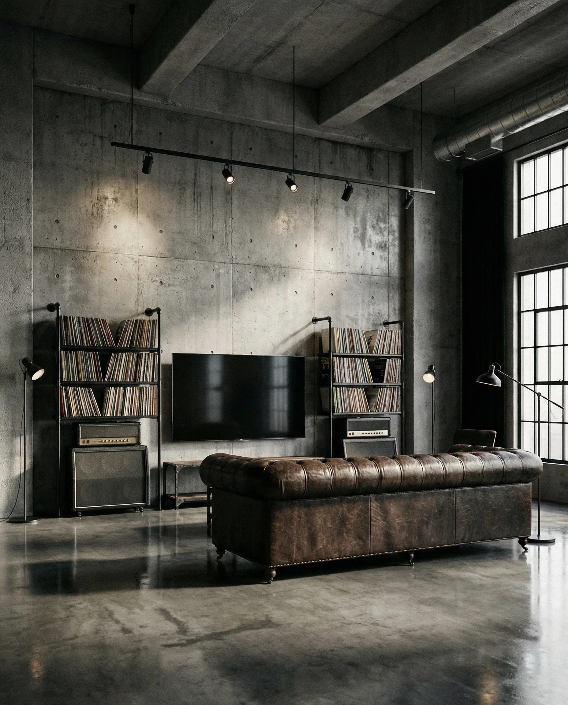 Urban loft with a raw polished concrete wall serving as an edgy background for the television and shelving.