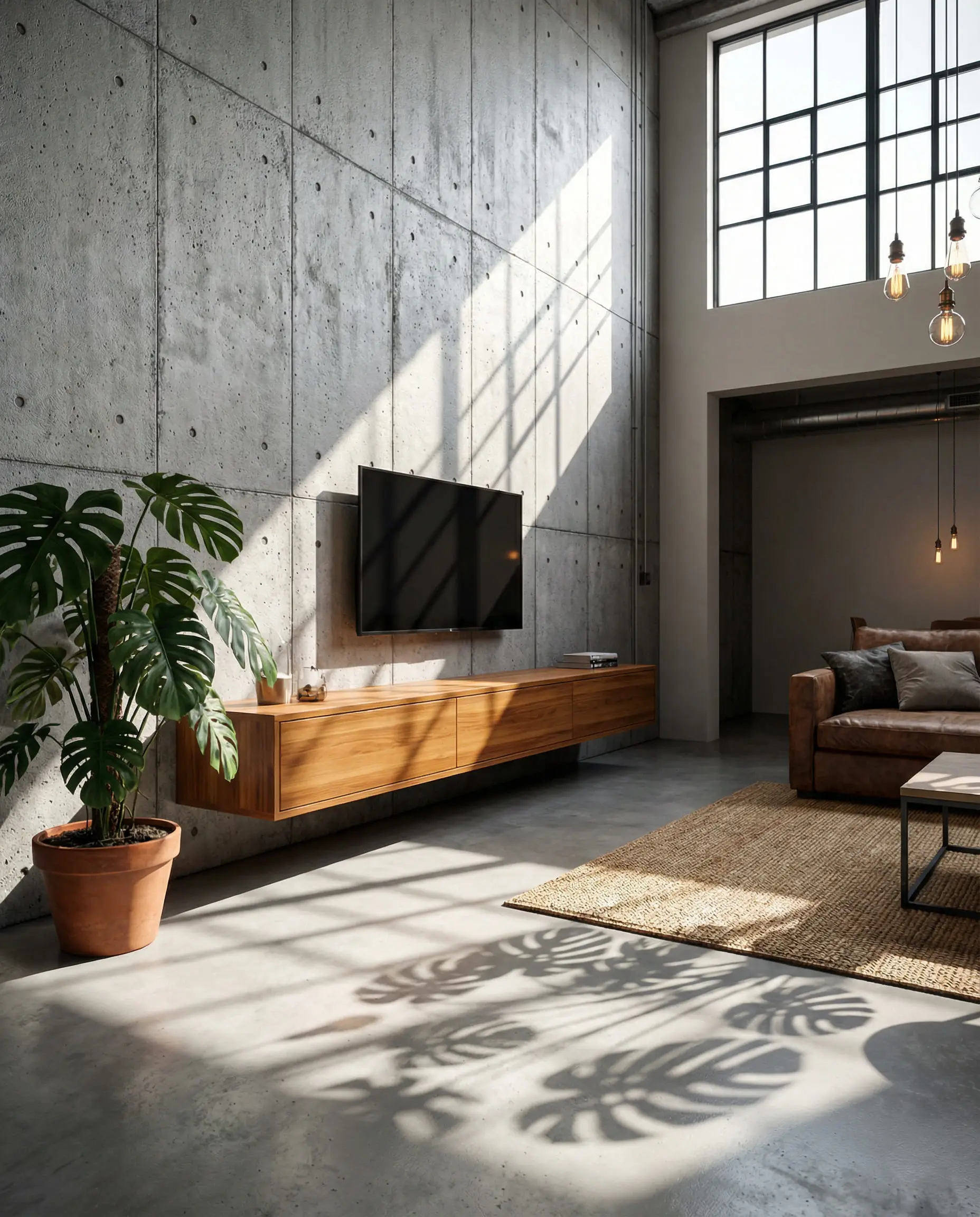 Raw industrial concrete wall featuring a floating teak wood media shelf and a sleek black TV.