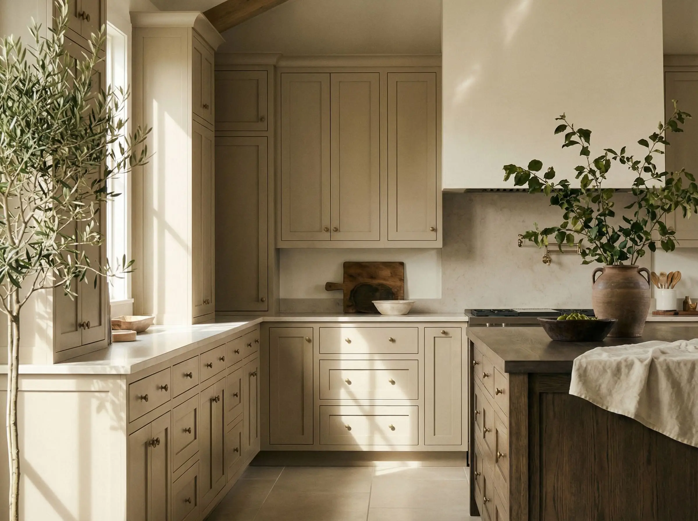 Muddy neutral painted inset cabinetry sits perfectly flush inside its frame next to a sleek modern stone counter.