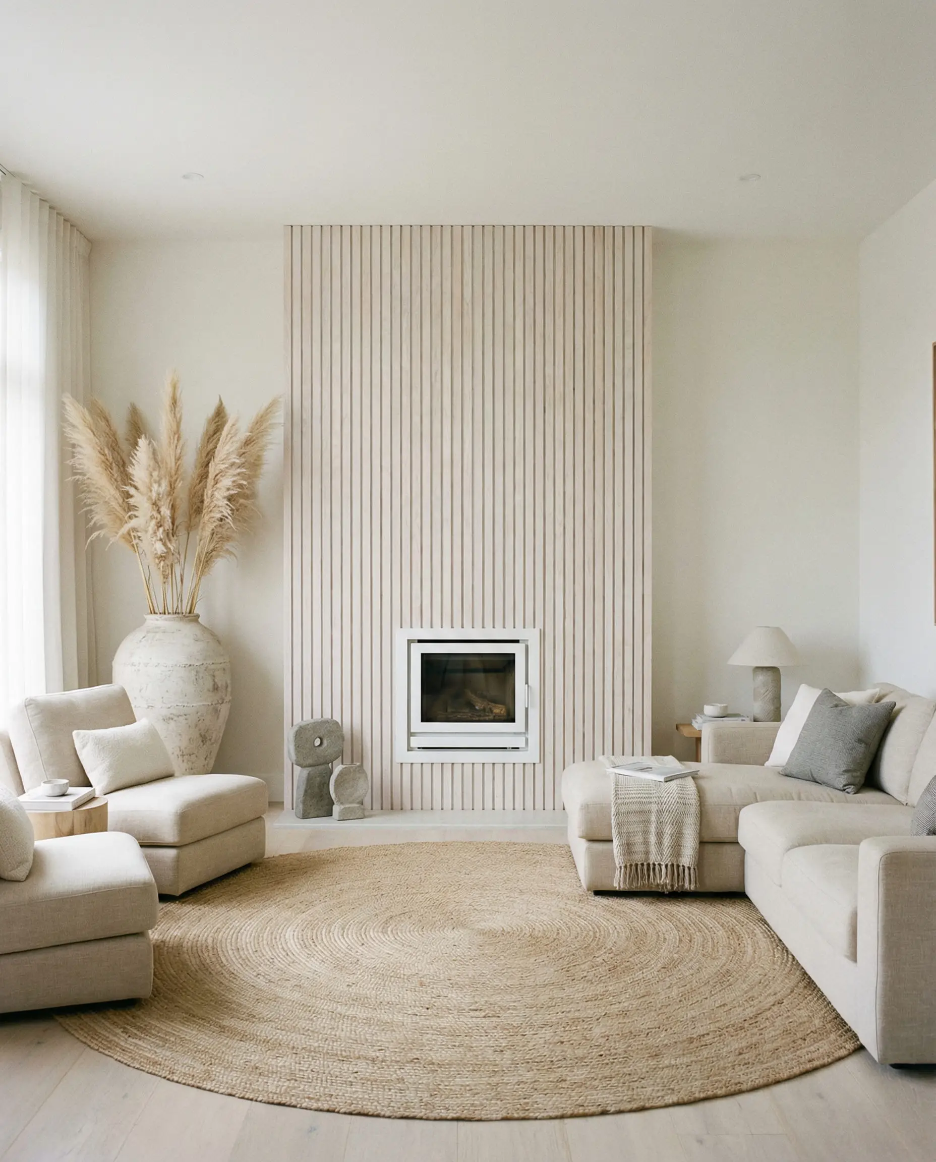 A serene Japandi living room with a pale ash wood slat fireplace wall, dried pampas grass, and neutral decor.