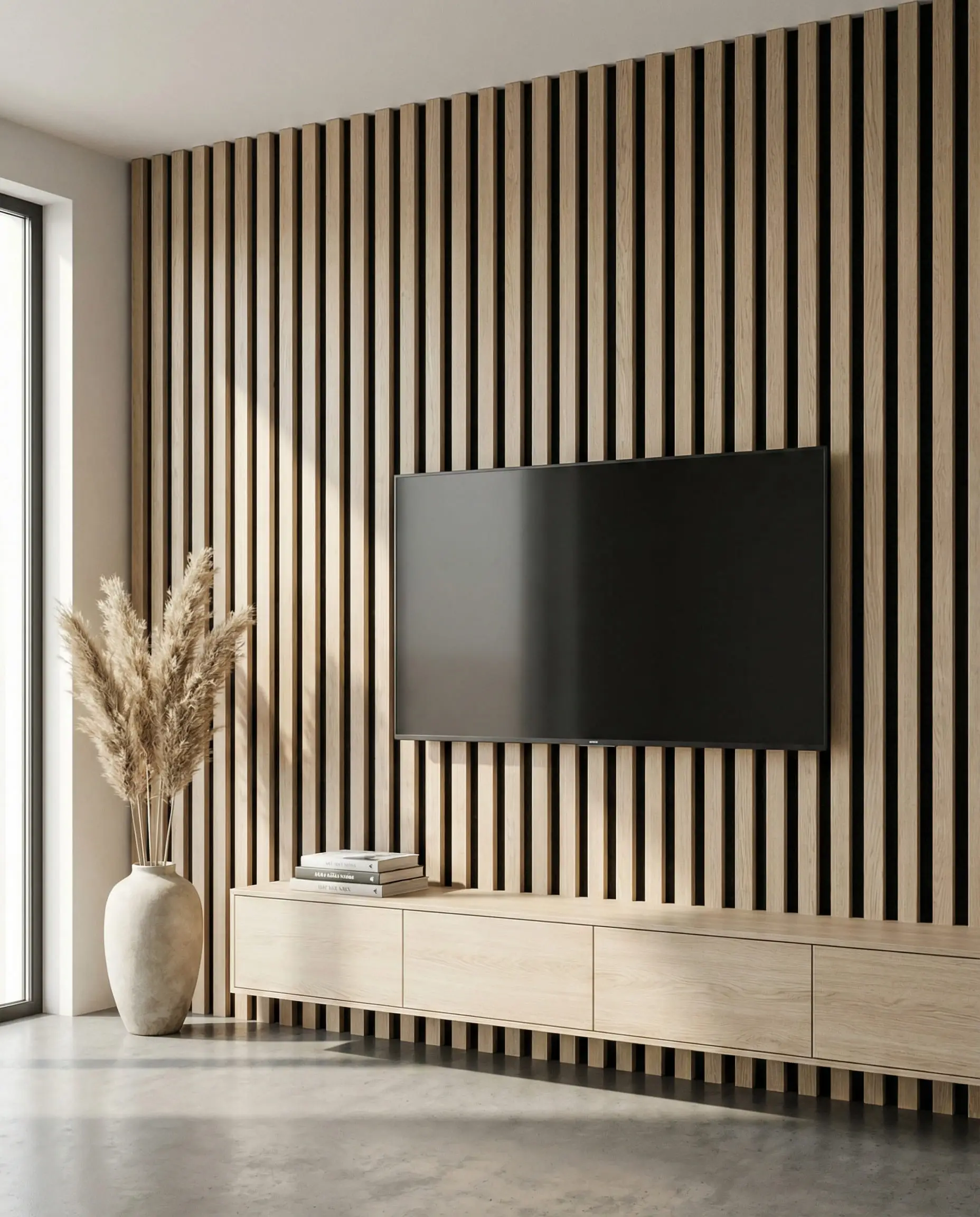 Vertical white oak wood slat wall behind a wall-mounted TV in a minimalist Japandi living room with a floating console.