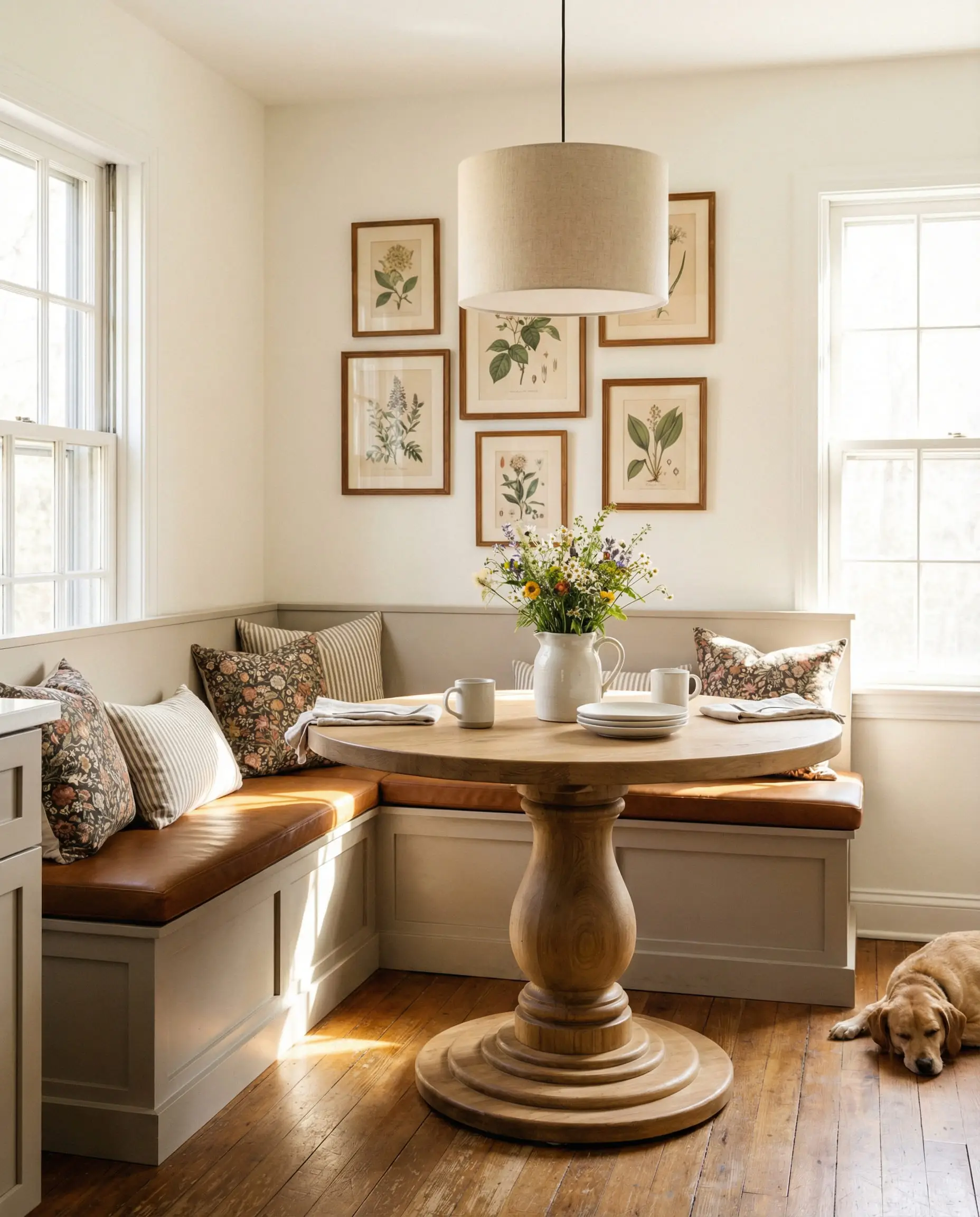 L-shaped built-in breakfast nook bench painted taupe with a round wood pedestal table and gallery wall.