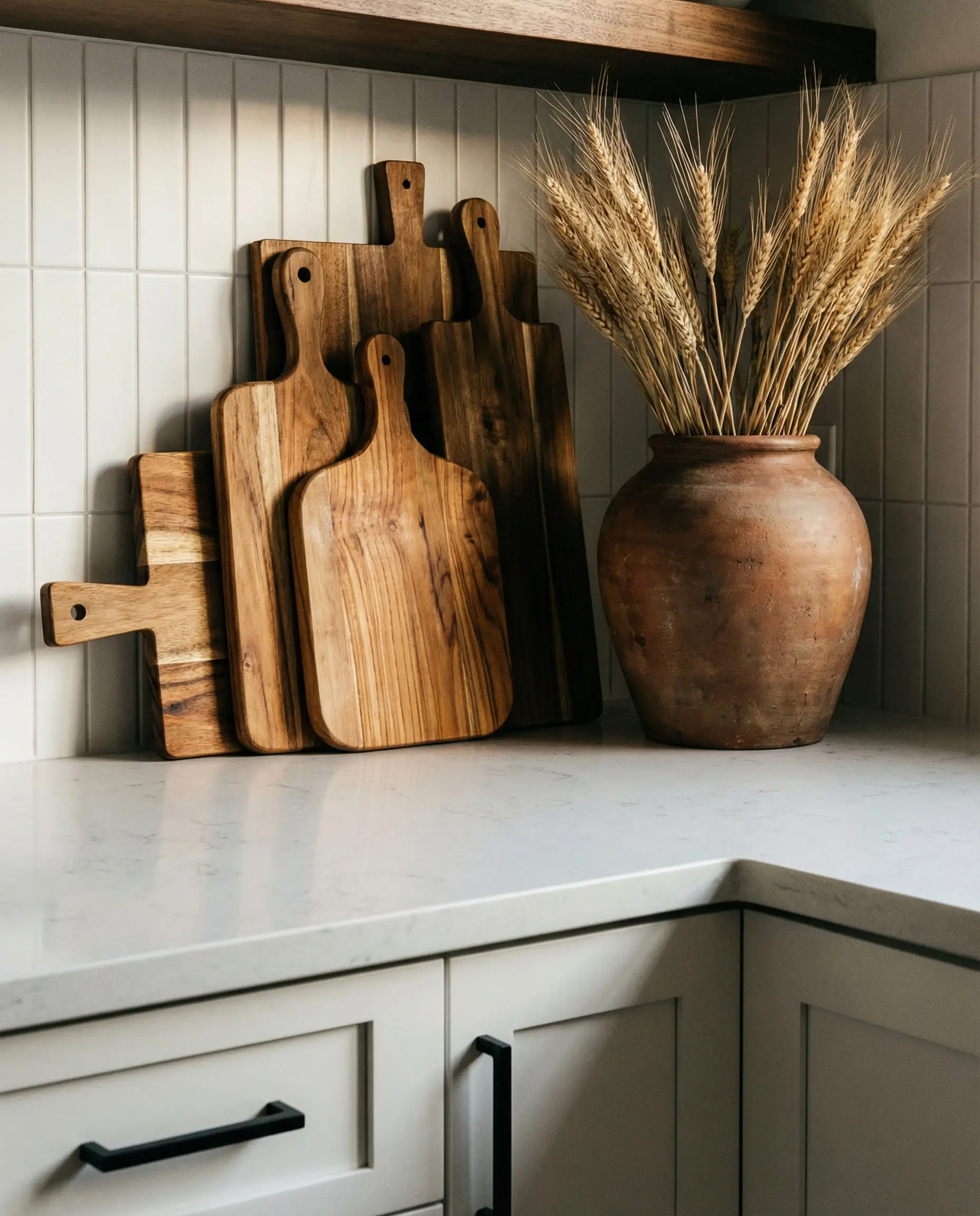 Vignette of kitchen corner styling featuring wooden cutting boards, a clay vase, and white cabinets with black hardware.