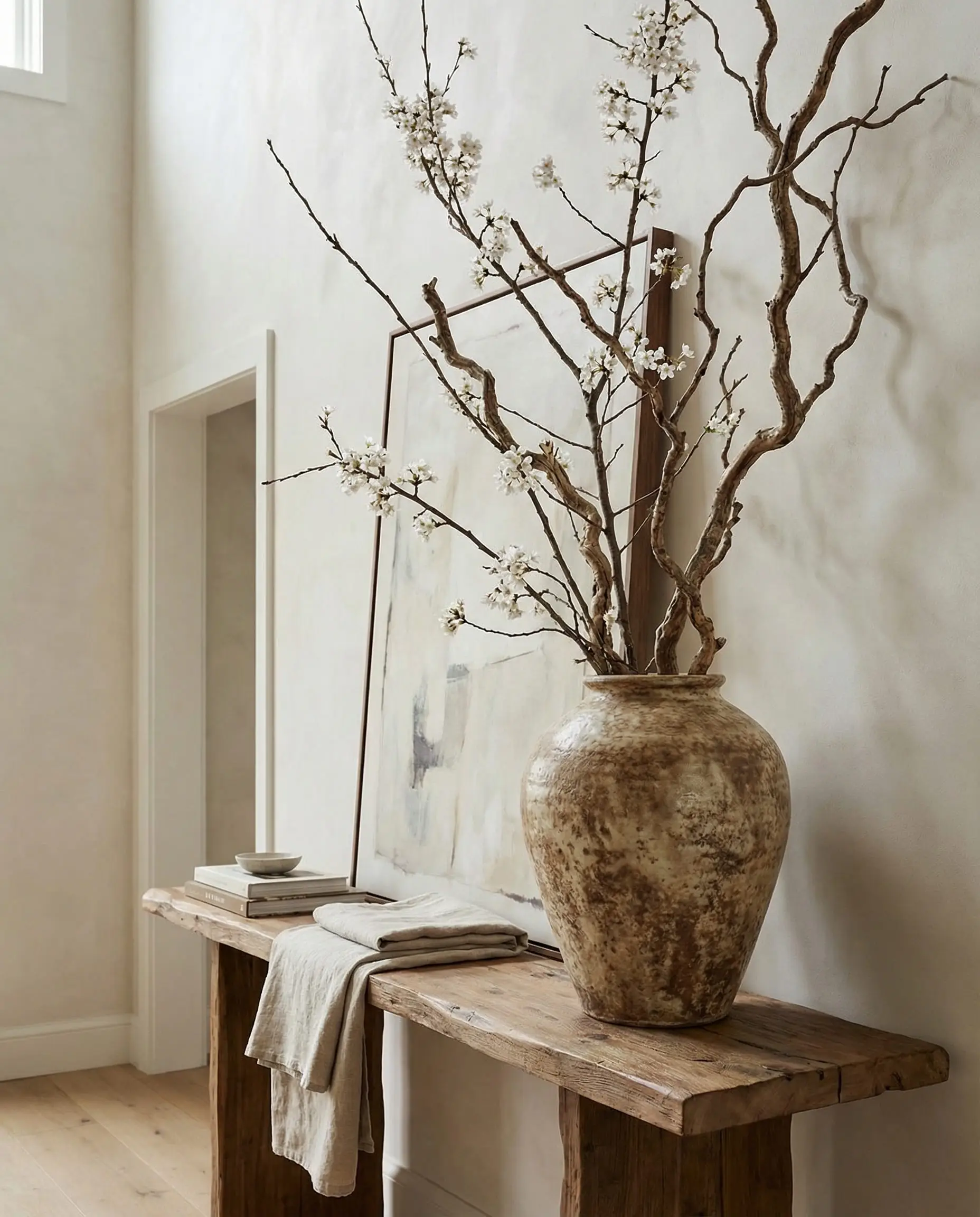 Console table styled with a massive rustic vase filled with tall dried branches.