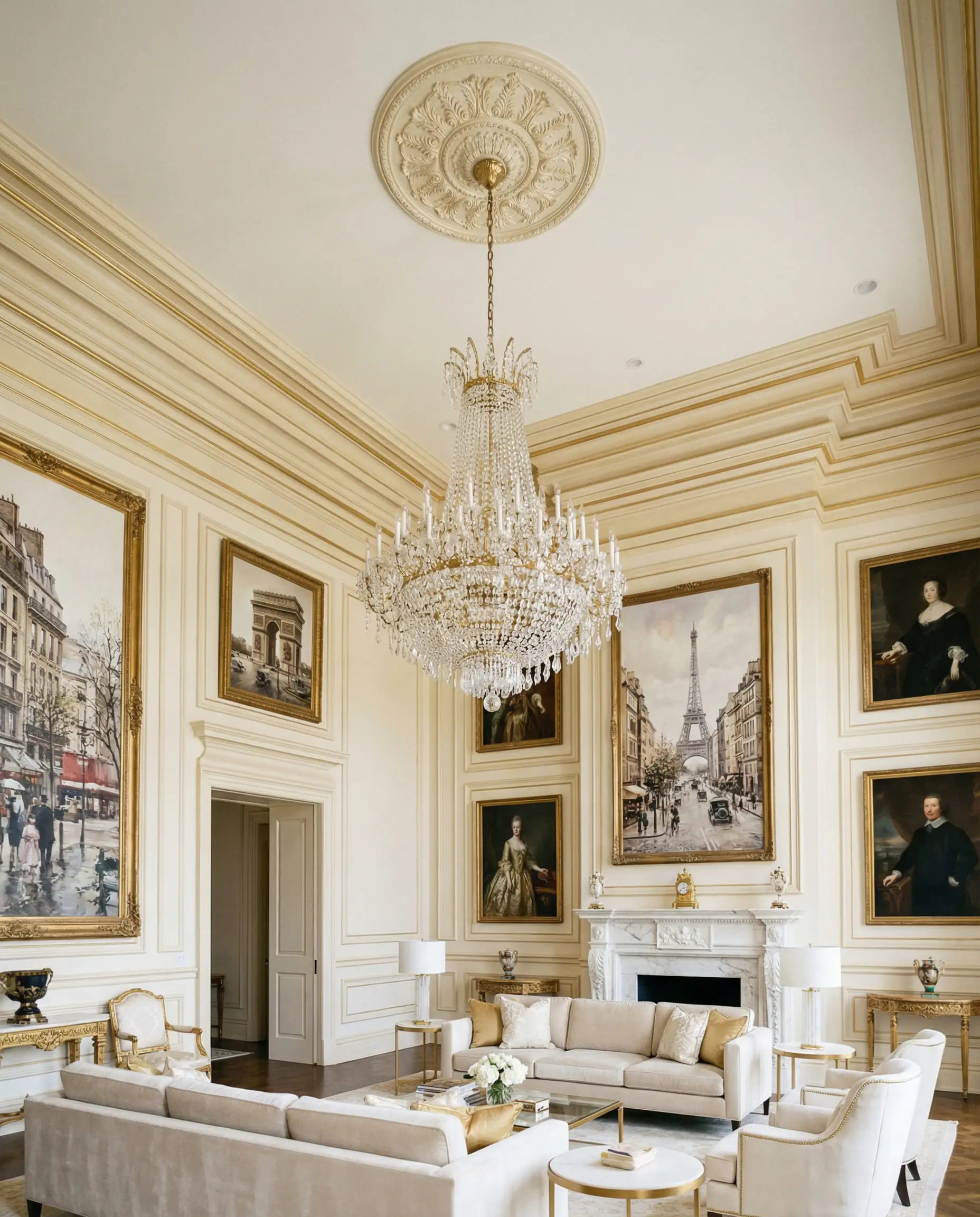 Grand living room with 14-foot ceilings featuring a massive custom stacked crown molding profile.