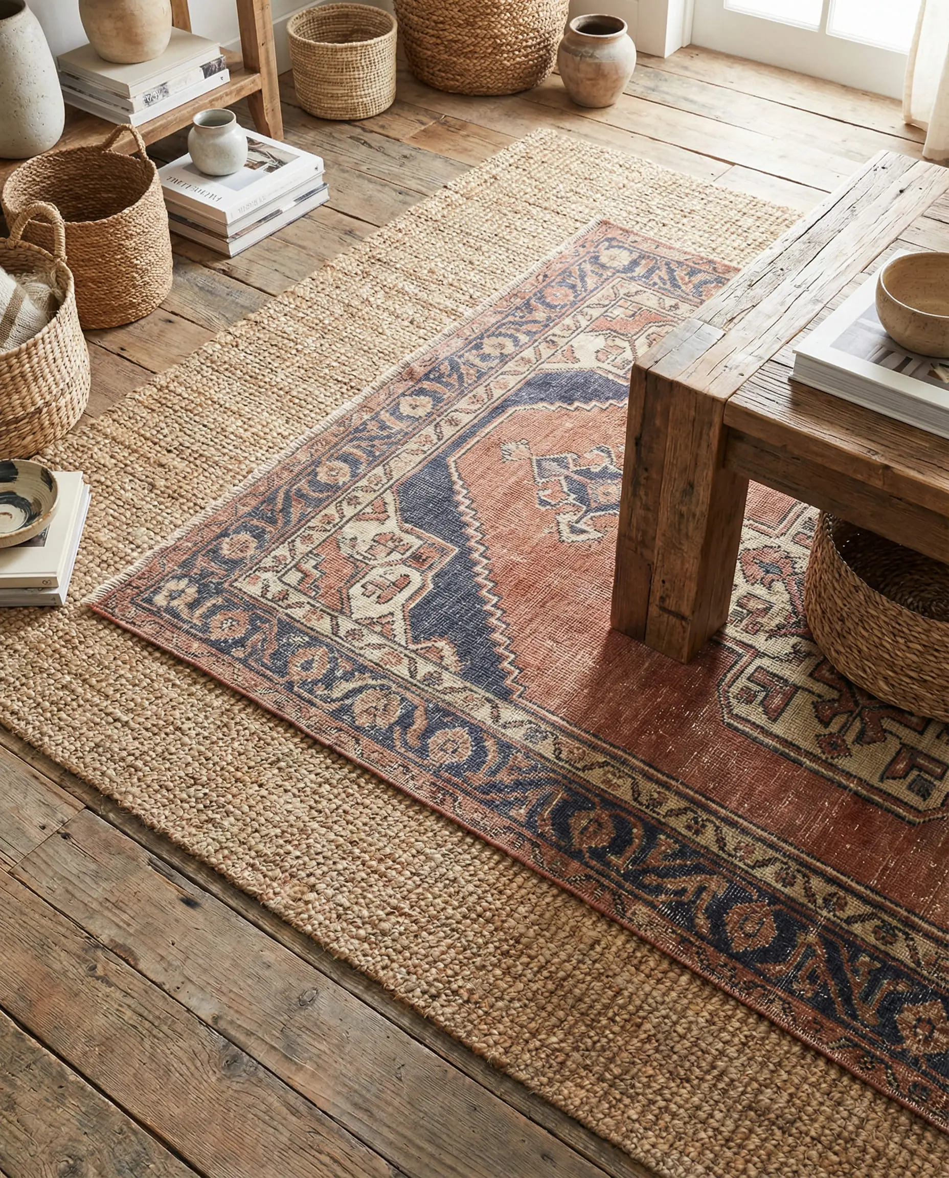 Top-down view of a vintage Turkish rug layered over a large natural jute rug.
