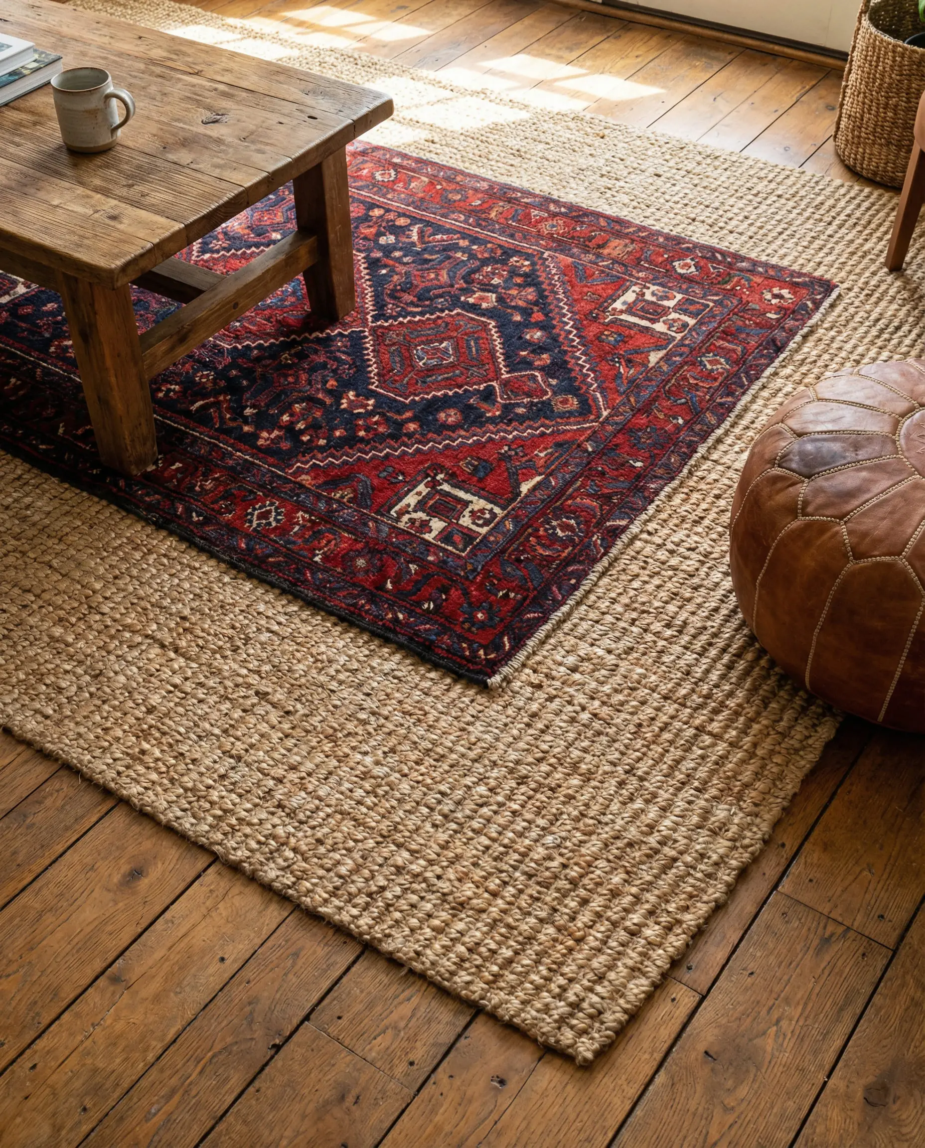 Detail shot of a colorful persian rug layered over a natural sisal rug.