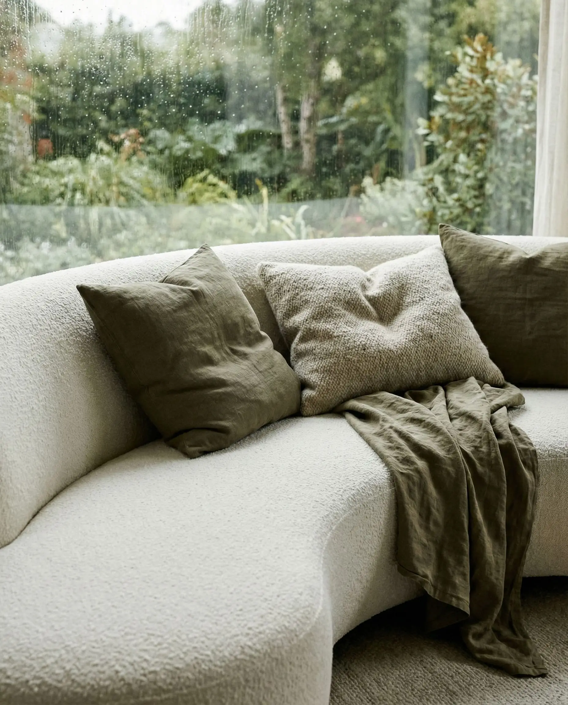 A curved white bouclé sofa showcases layered textures with muddy green linen pillows, chunky oatmeal wool cushions, and a rumpled throw blanket.