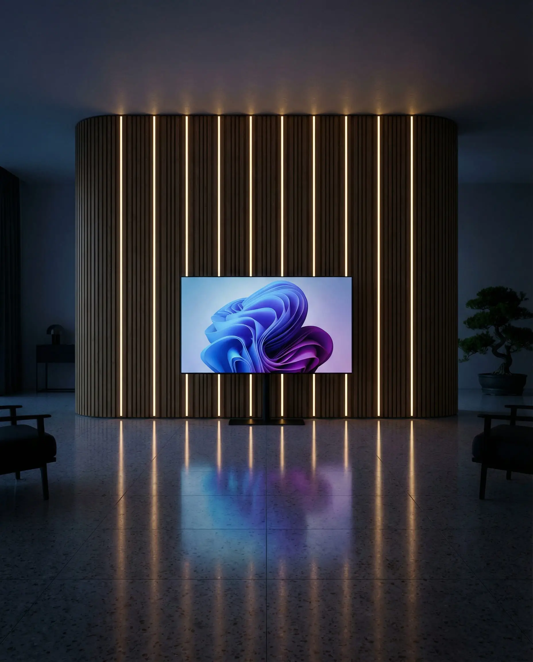 Modern wood slat TV wall with integrated vertical LED light strips glowing between the slats at night.