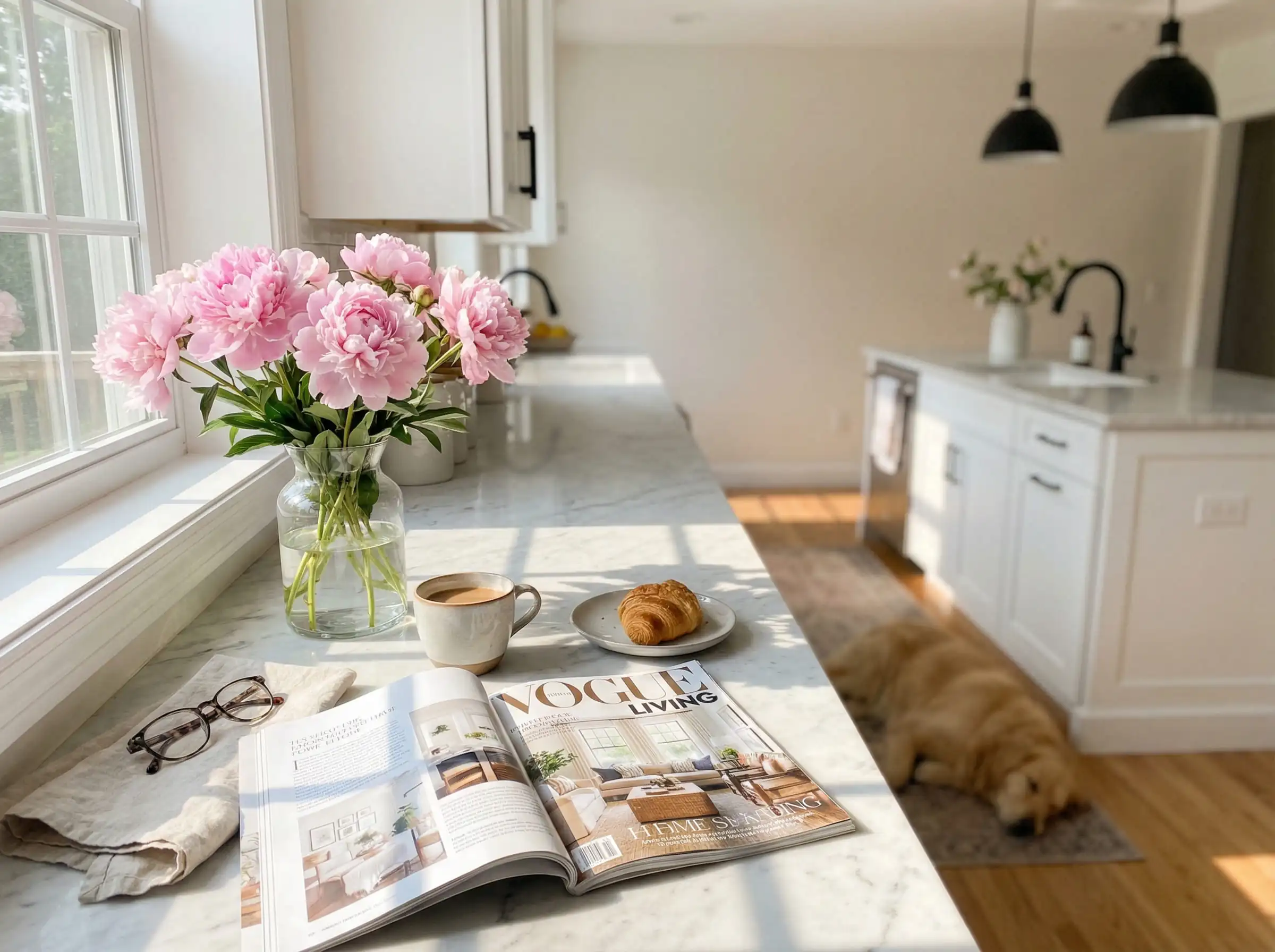Lifestyle interior shot of a finished white kitchen with black hardware, fresh pink peonies, and coffee on the counter.