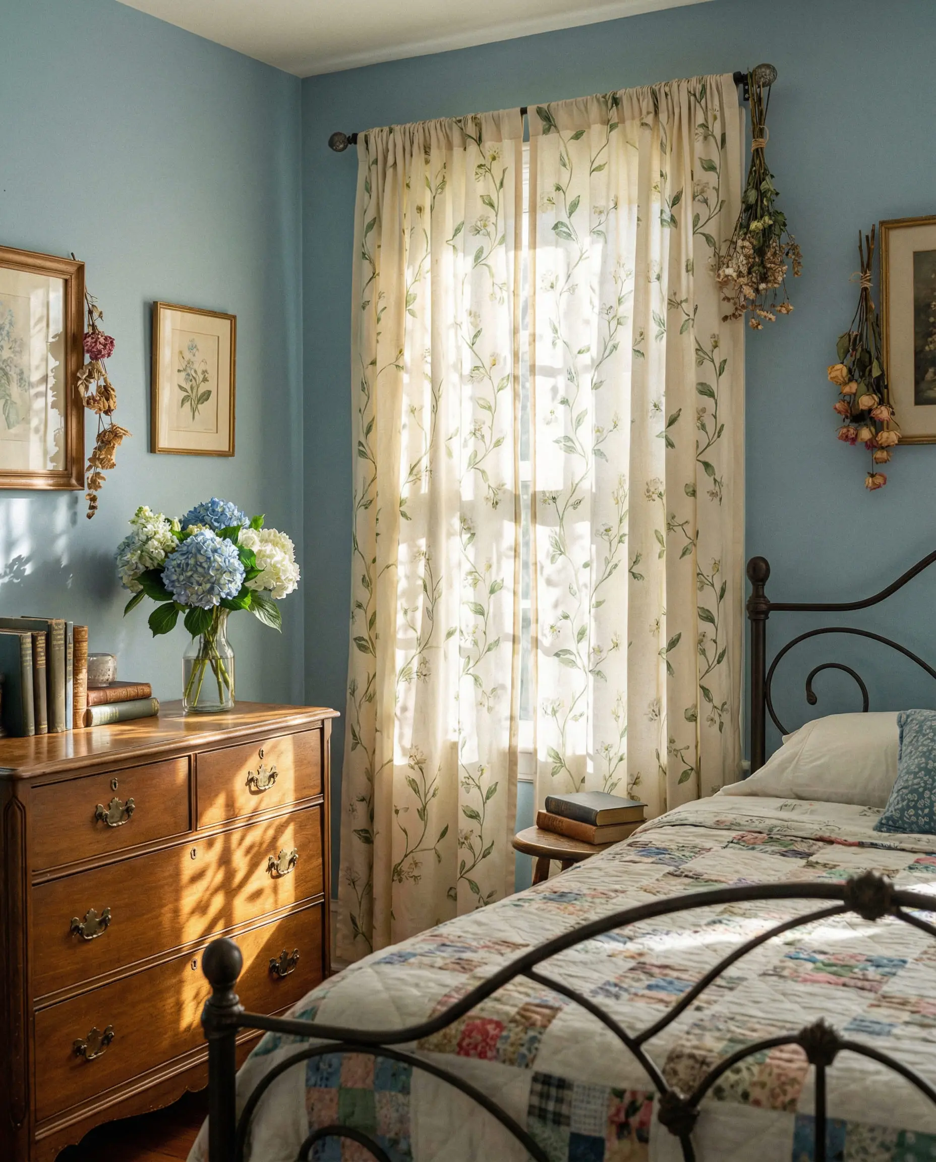 Cottagecore bedroom with light blue walls and cream curtains featuring a botanical print.