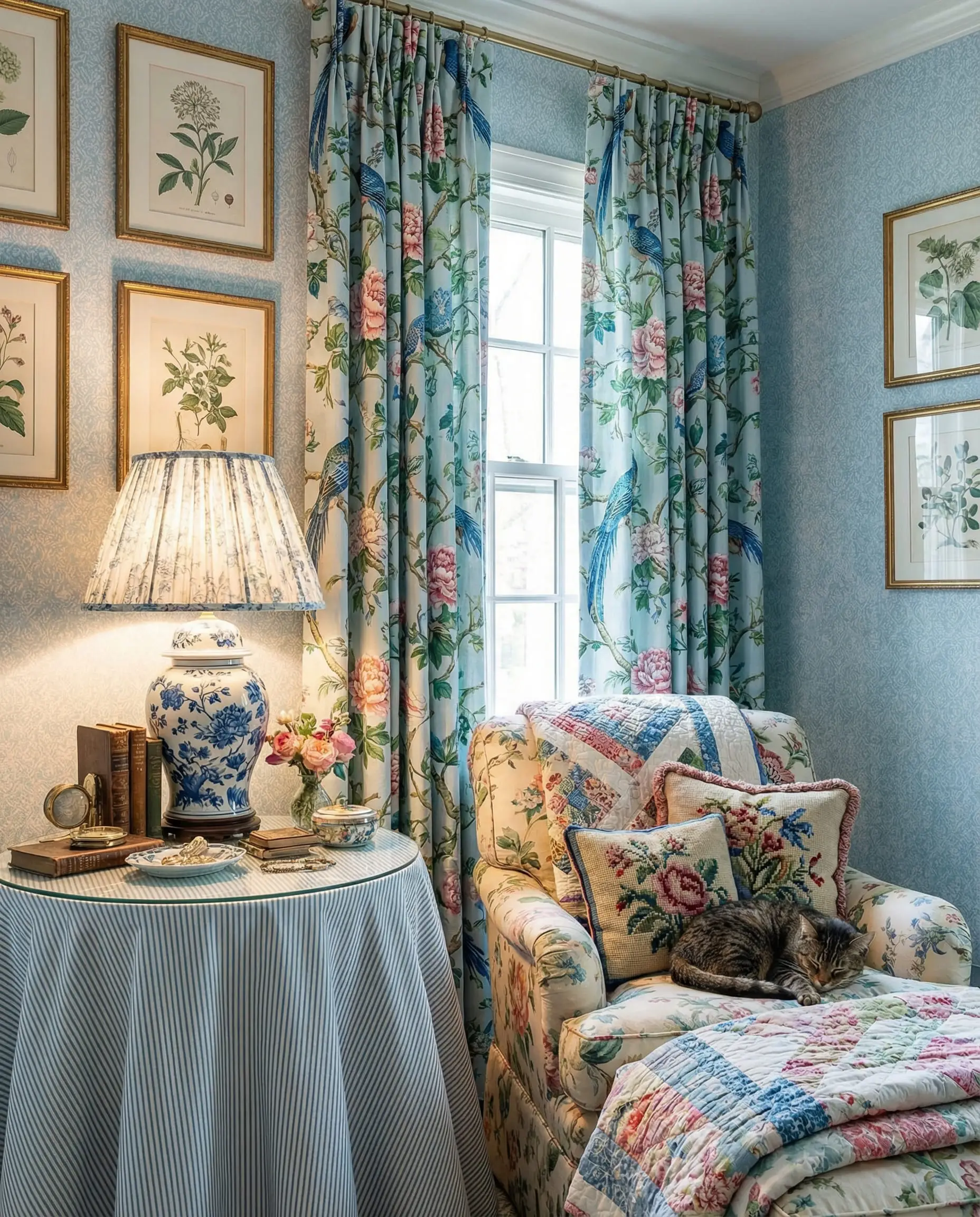 Grandmillennial bedroom with light blue walls and chinoiserie floral print curtains.