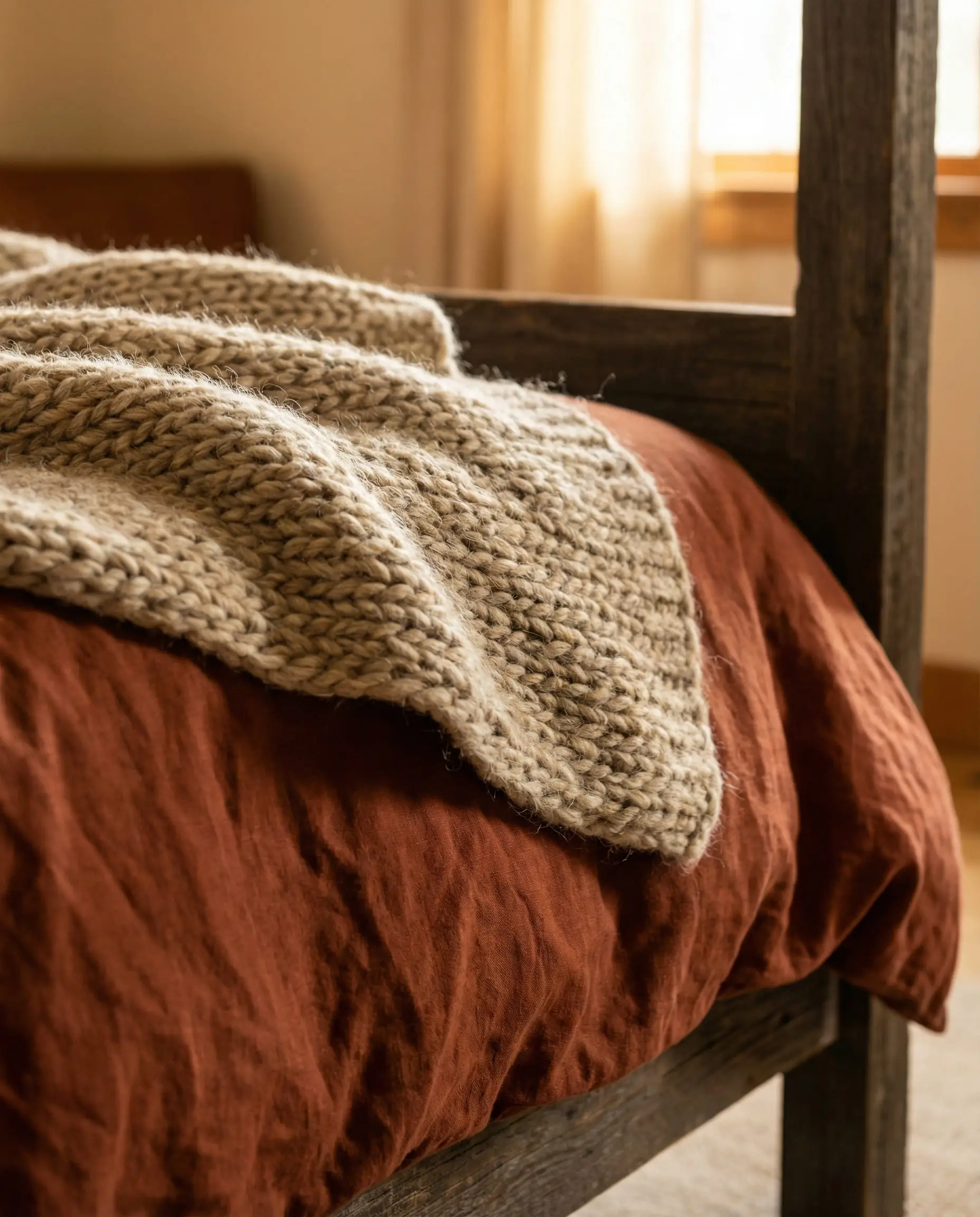 Close up of rust colored linen duvet cover layered with an oatmeal chunky knit wool throw.