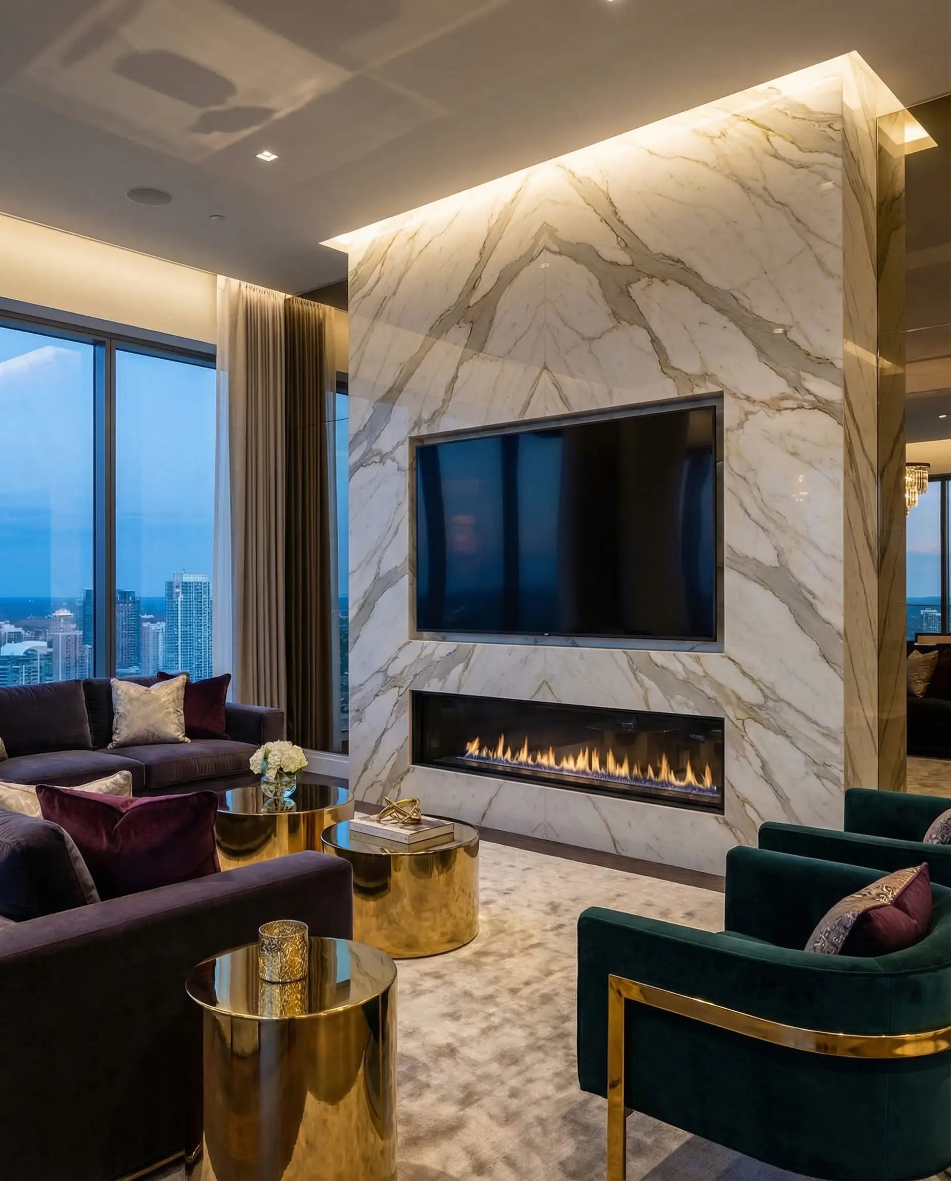 Floor-to-ceiling Calacatta marble fireplace wall with a flush-mounted TV and gas fireplace in a luxury penthouse.