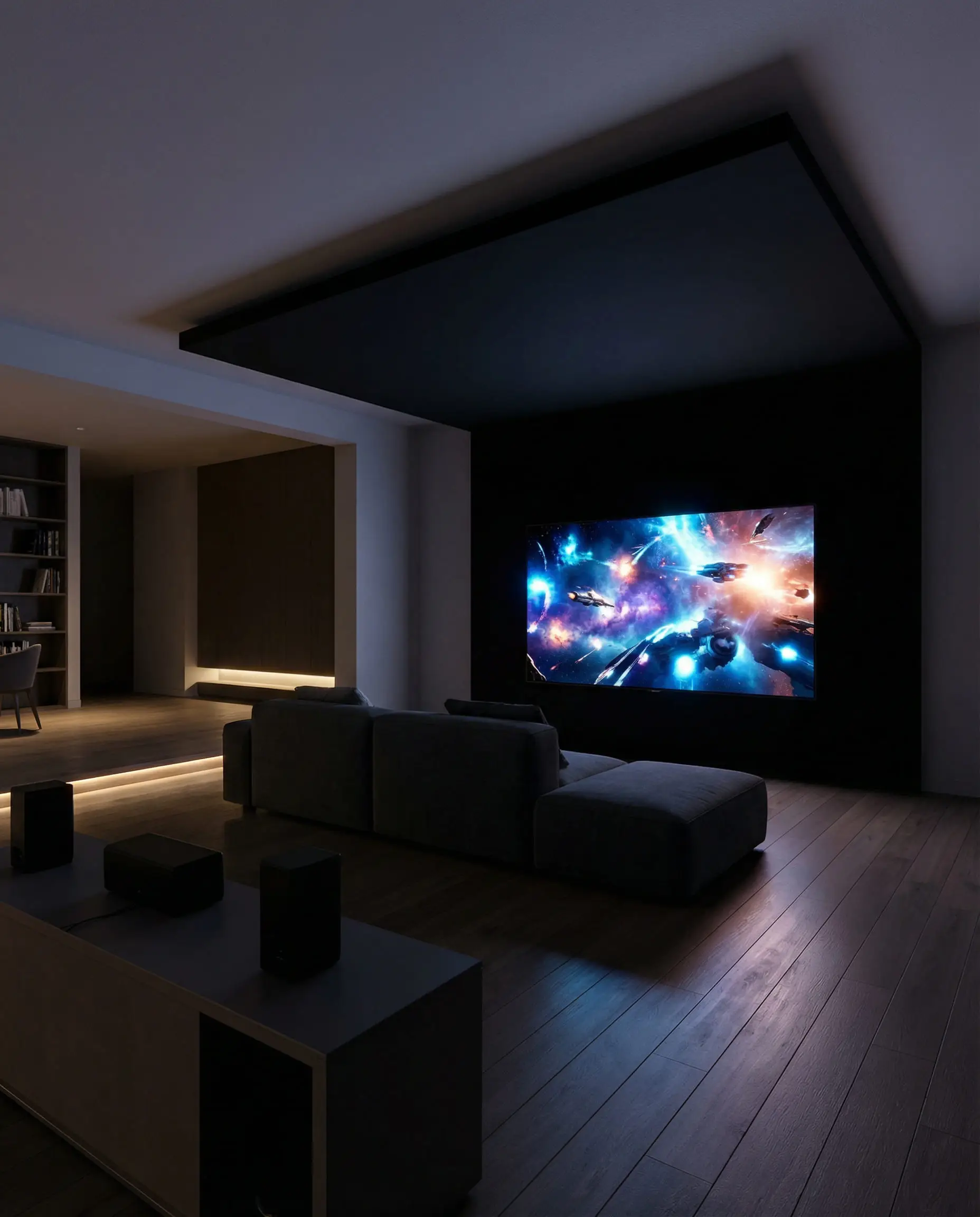 Ultra-matte black painted wall behind a TV in a home theater setup, creating high contrast for the movie screen.
