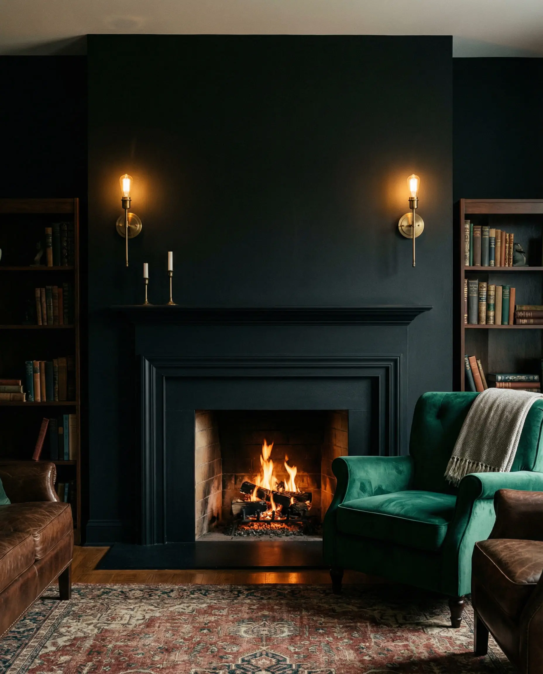 A dramatic living room featuring a fireplace wall painted in matte Tricorn Black, contrasting with brass sconces and a green velvet chair.