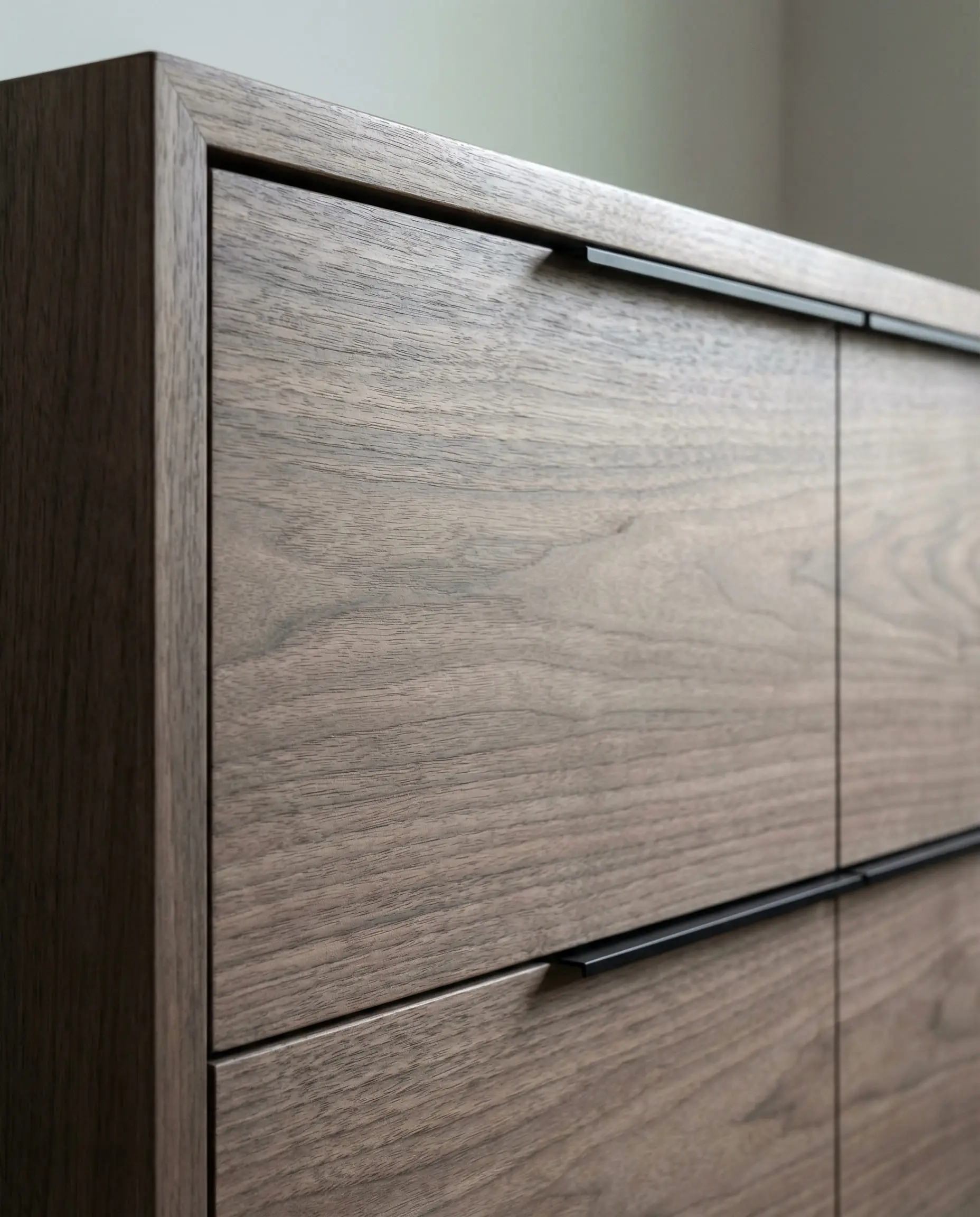 Close up of flat-sawn walnut kitchen cabinets with a natural, super matte finish.