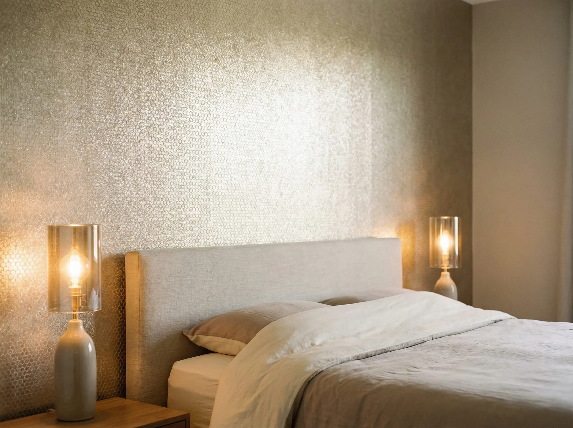 Bedroom detail showing a champagne gold metallic wallpaper with a geometric texture reflecting the bedside lamp light.