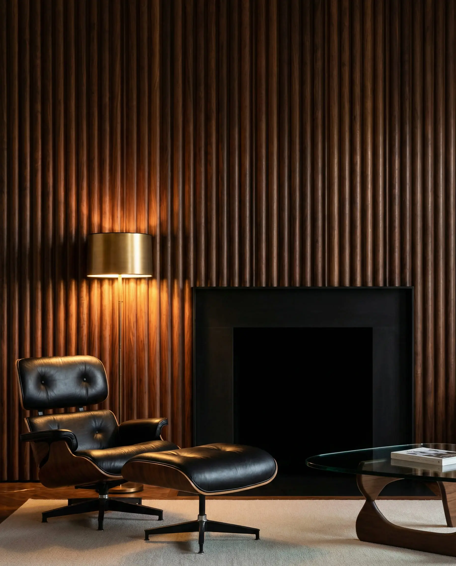 Rich walnut fluted wood paneling on a fireplace wall, styled with Mid-century Modern furniture and warm lighting.