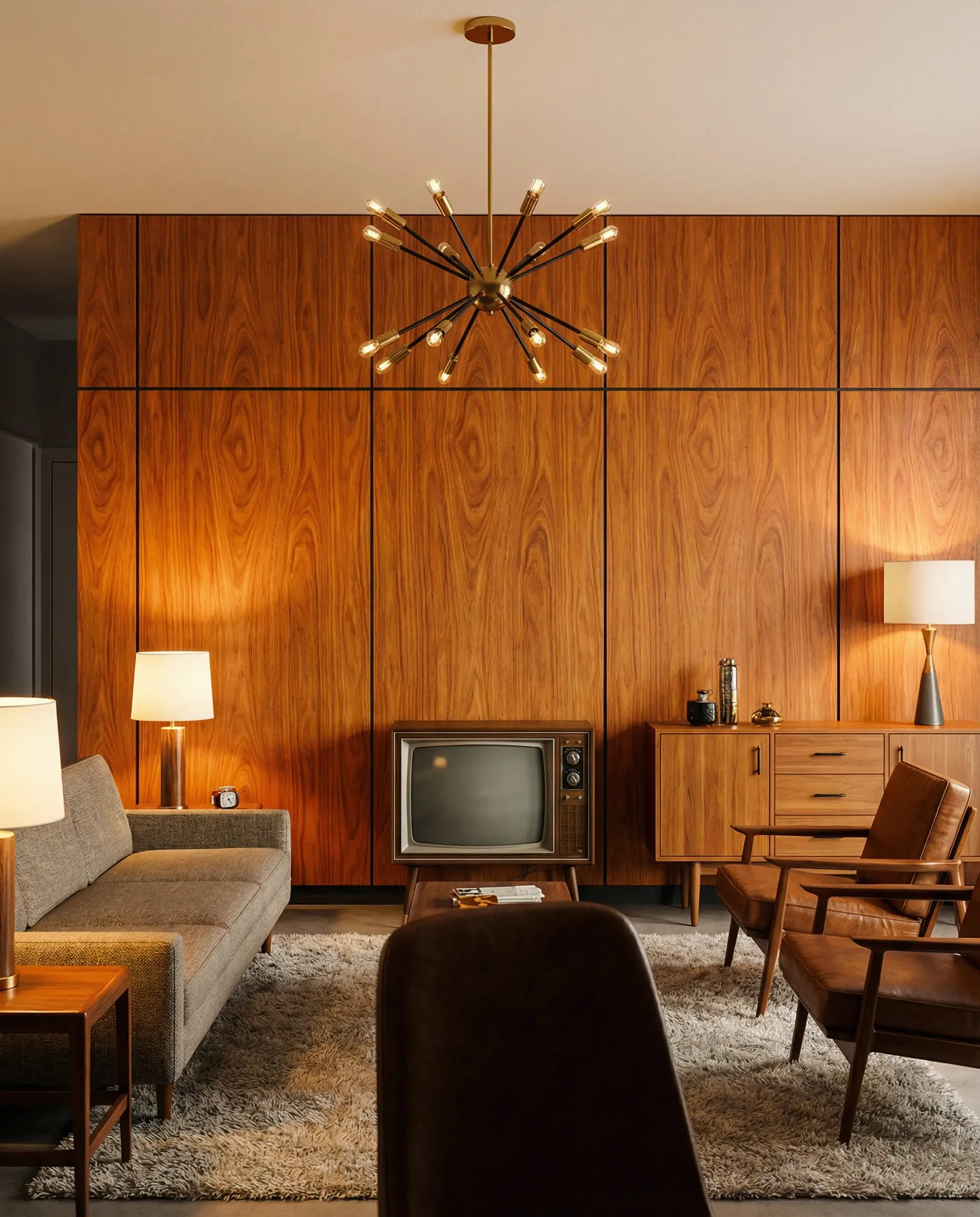 Mid-century modern living room with a walnut plywood accent wall featuring visible wood grain behind the TV.