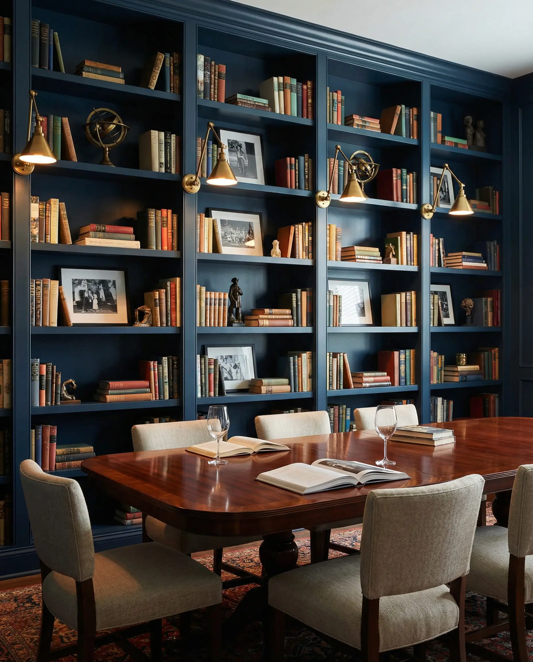 Cozy library dining room with floor-to-ceiling bookshelves painted in midnight blue surrounding a mahogany table.