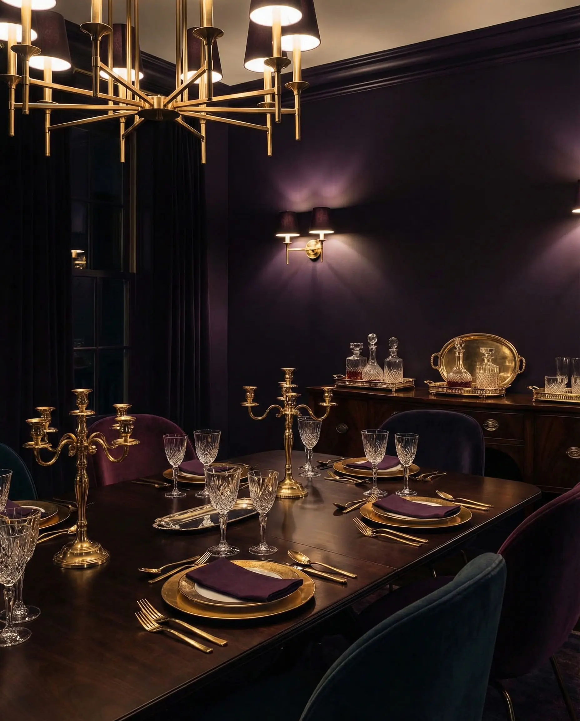 Dramatic dining room painted in deep midnight plum purple with gold brass accents and crystal glassware.