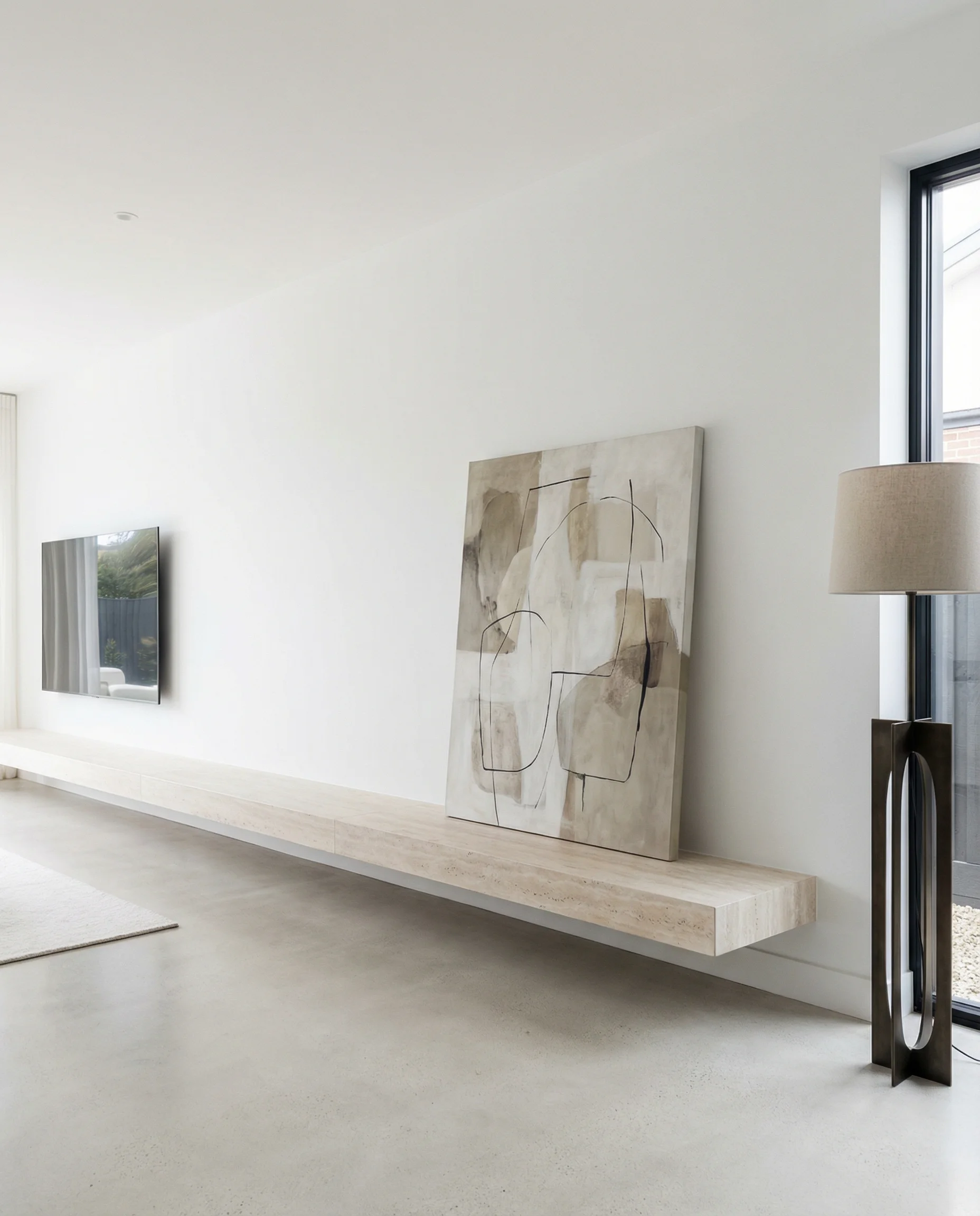 Long white wall with an off-center TV balanced by a low bench and leaning artwork.