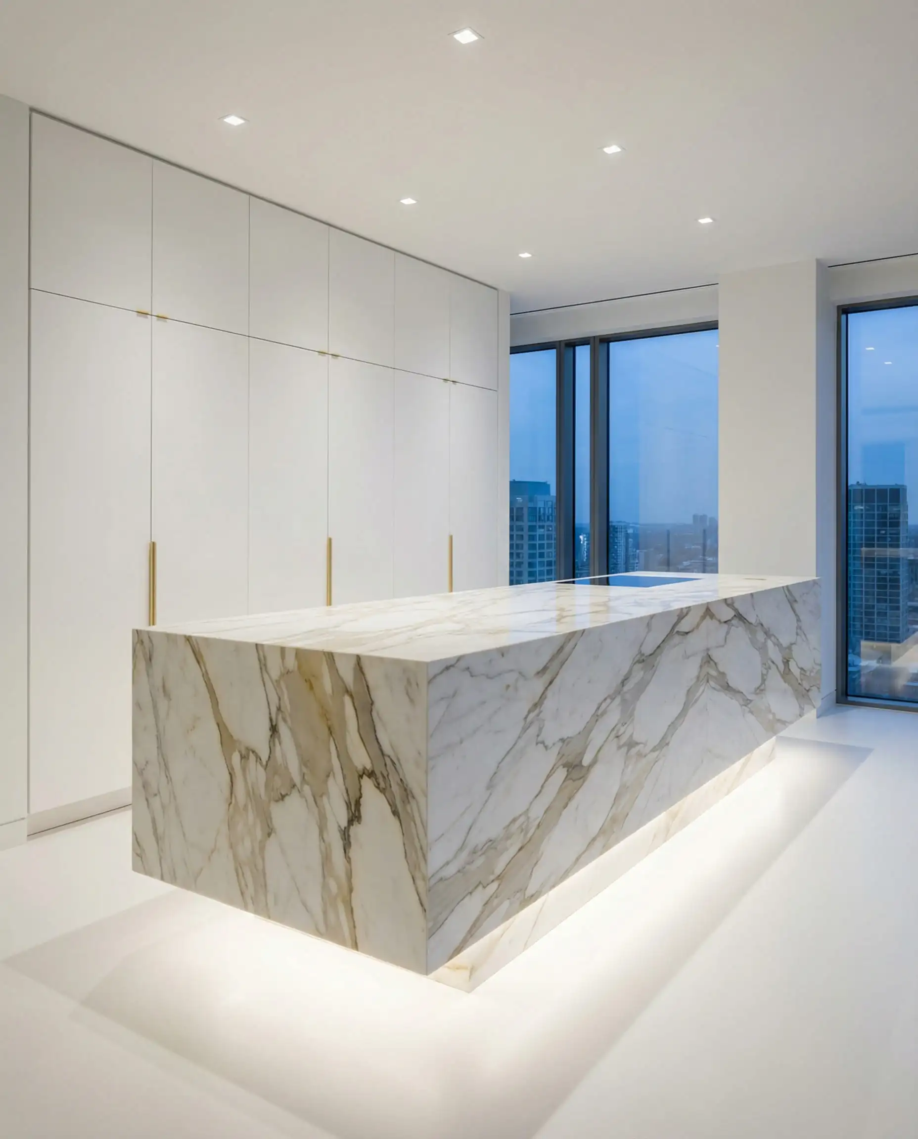 Luxe minimalist kitchen with white marble waterfall island and hidden cabinetry with gold edge pulls.