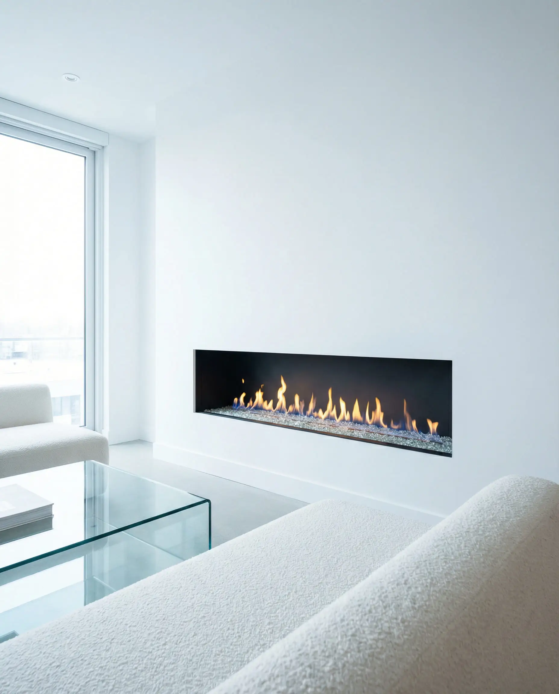 A sleek, frameless linear gas fireplace inserted directly into a minimalist white drywall surface for a clean, modern look.