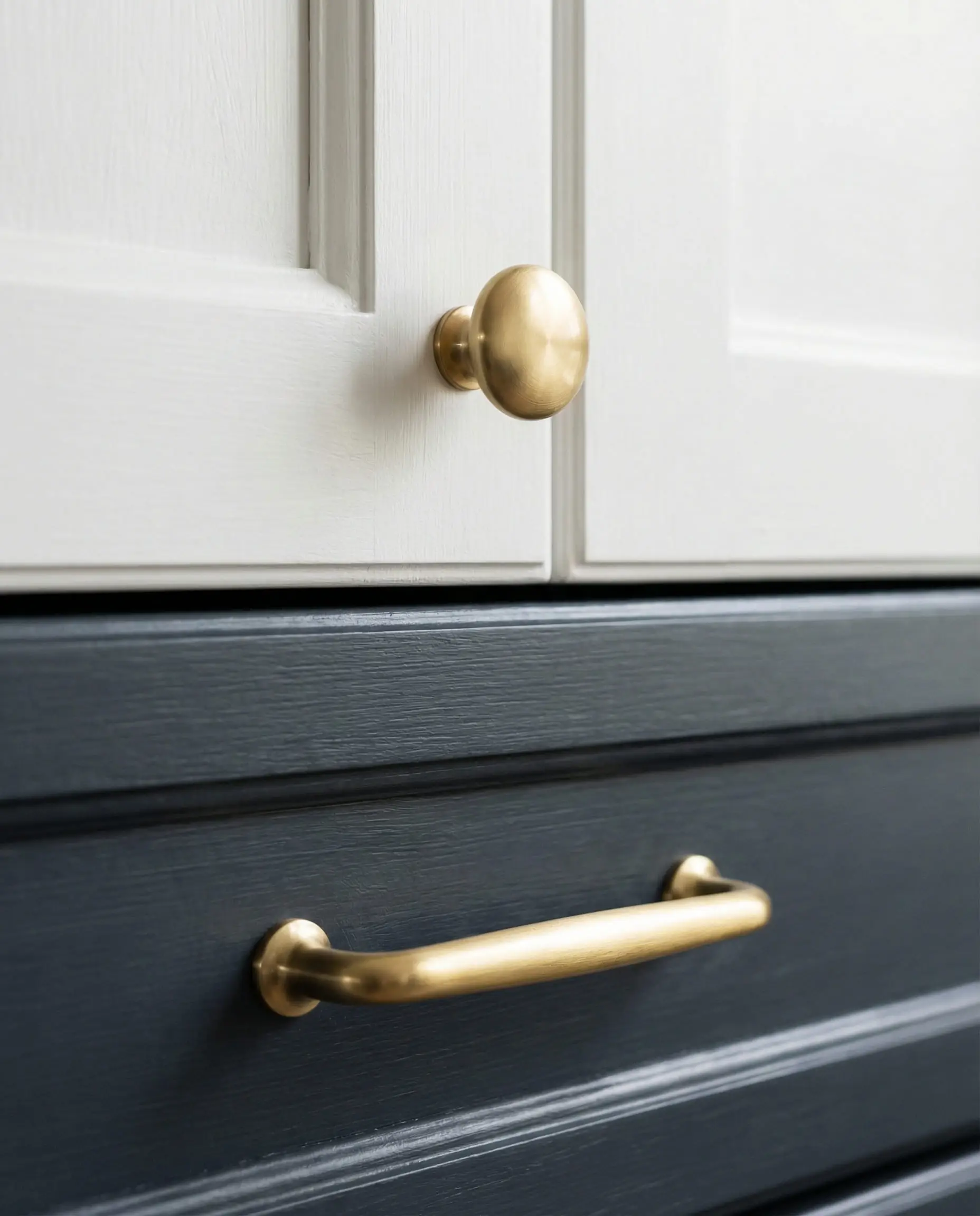 Detail shot showing the transition between white and dark blue cabinets unified by gold hardware.