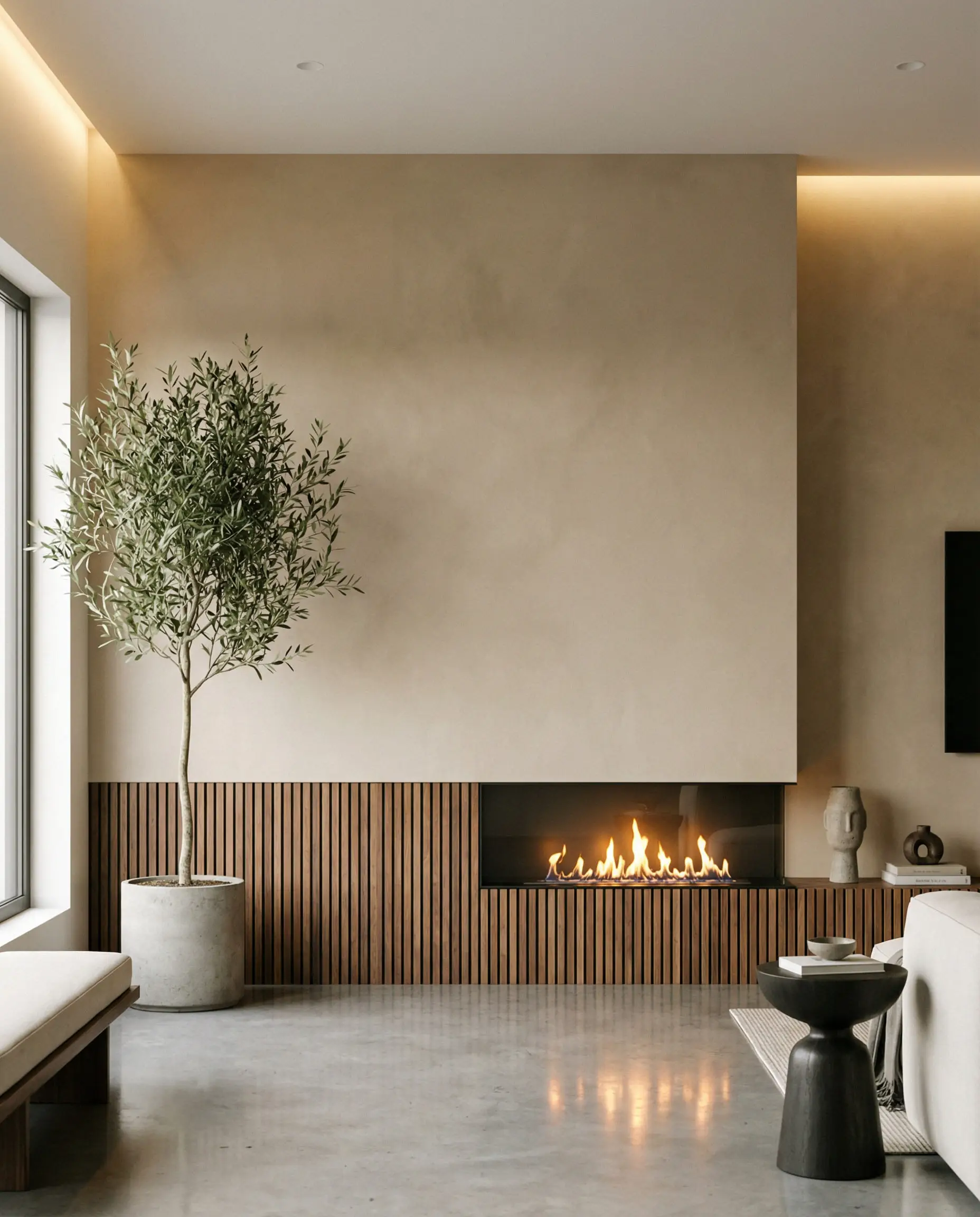 A contemporary fireplace wall combining smooth Roman clay plaster on the top half and walnut wood slats on the bottom.