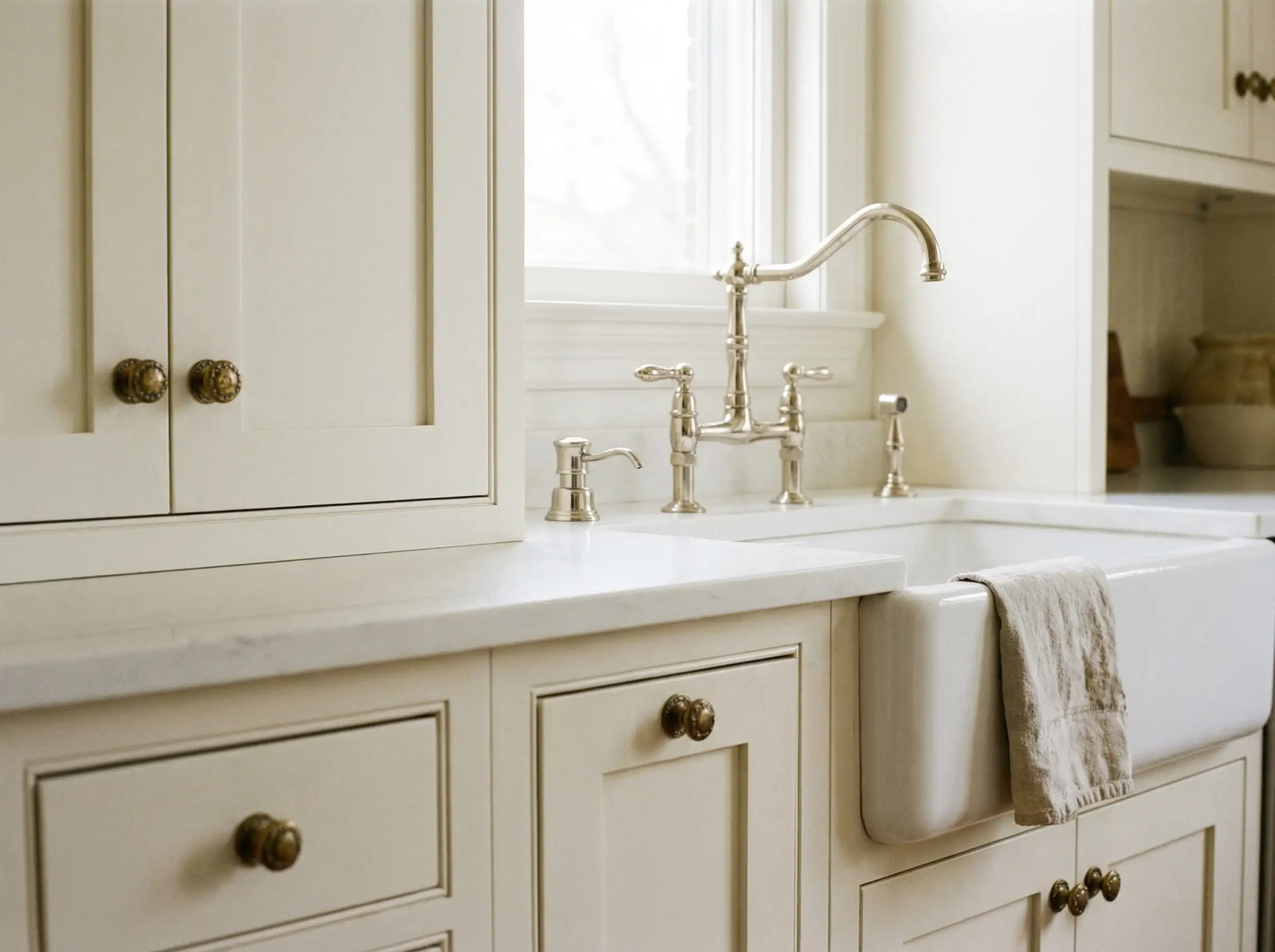 Traditional kitchen showing unlacquered brass knobs paired with a polished nickel bridge faucet.