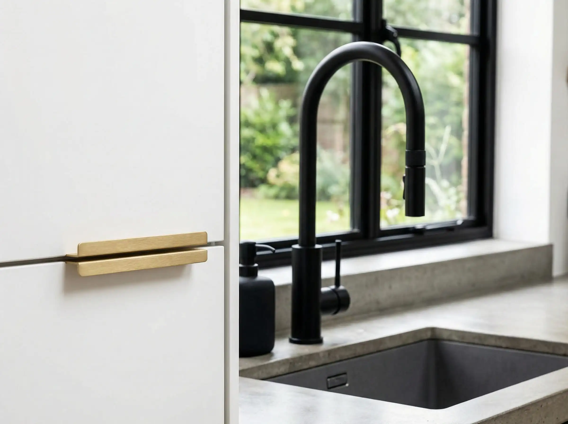 Modern kitchen sink area showing gold cabinet pulls paired with a matte black faucet.