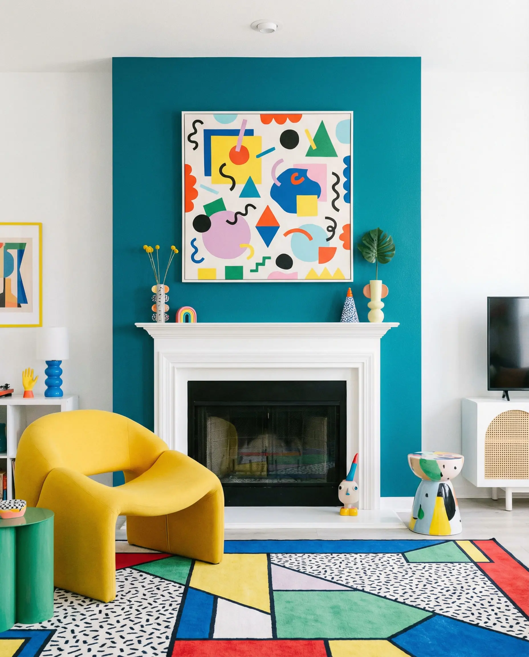 A playful modern fireplace wall featuring a bold teal color block painted on the chimney breast against a white wall.