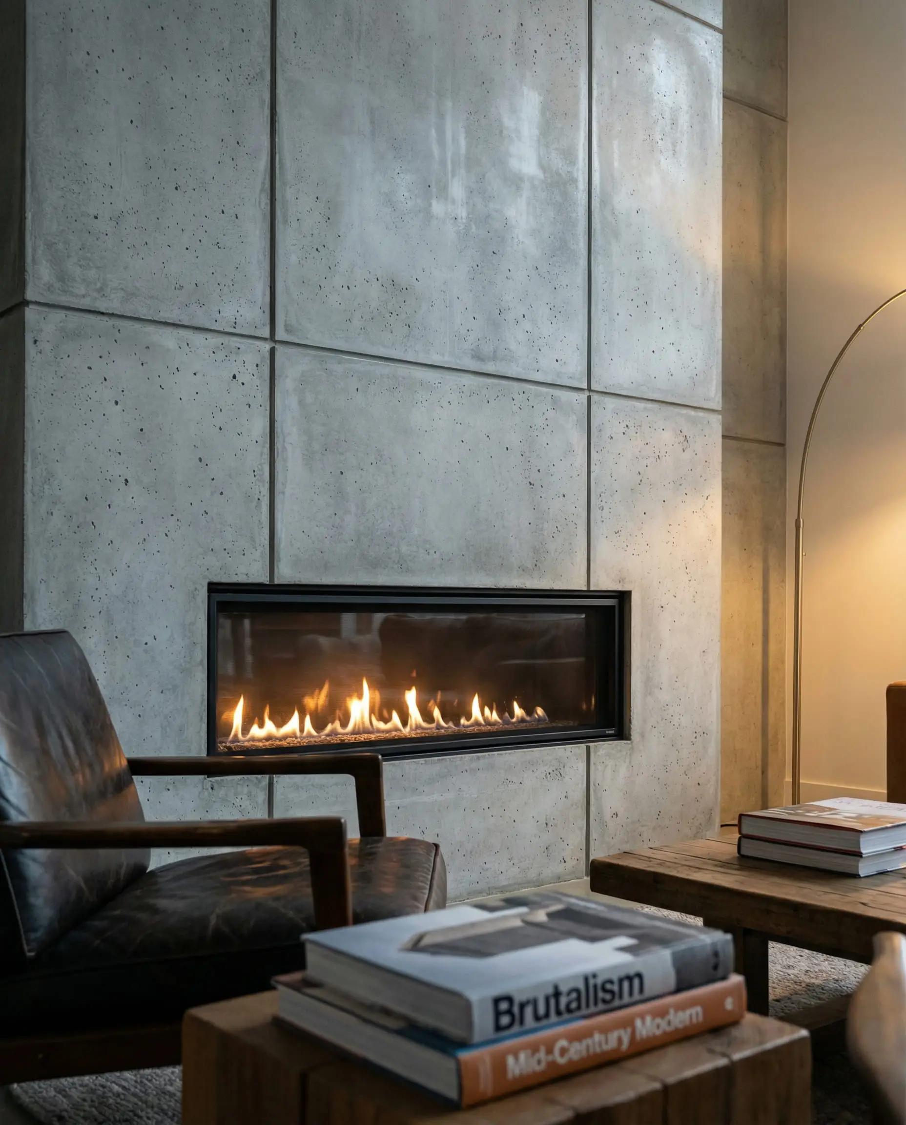 Low-angle shot of a polished concrete fireplace wall with a linear insert, styled with a leather armchair in a modern industrial setting.
