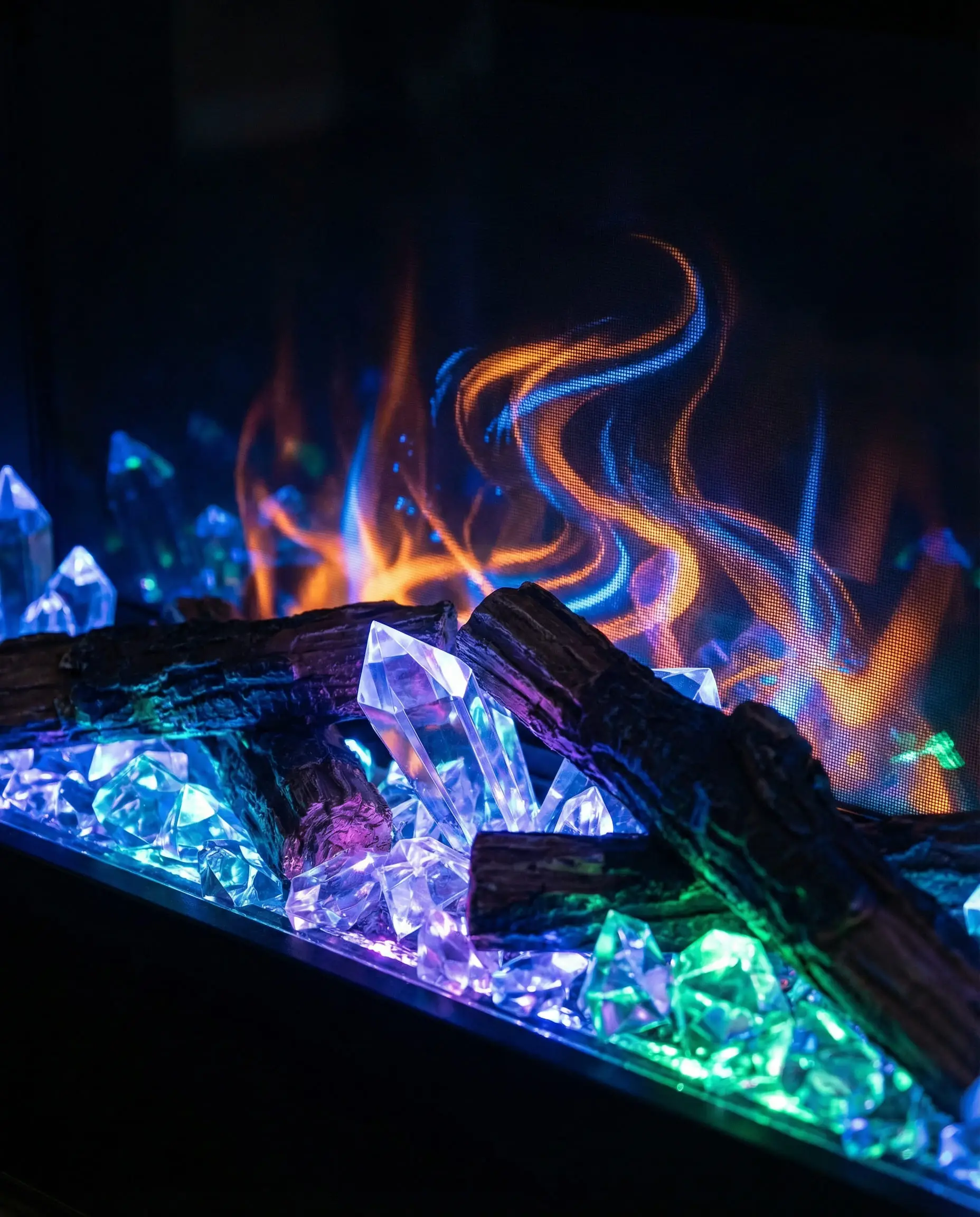 Macro close-up of the vibrant LED flame effect and crystal media bed in a high-end electric fireplace insert.