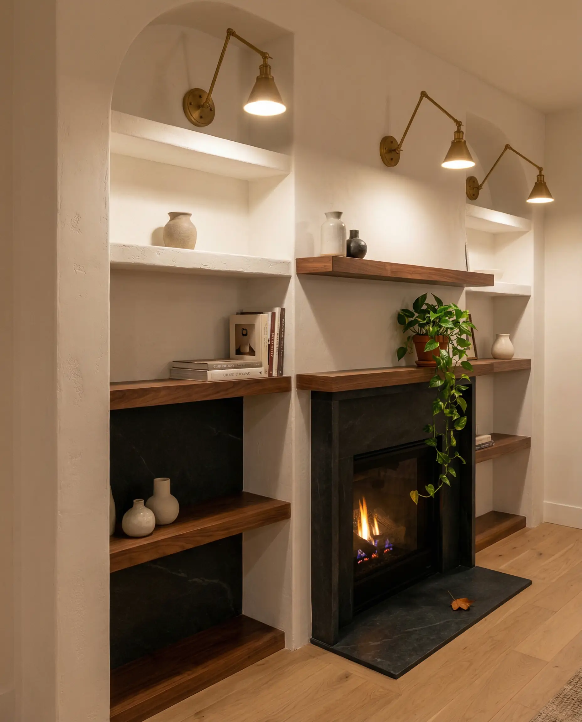 Custom arched plaster built-ins flank a honed soapstone fireplace with floating walnut shelves in this modern farmhouse decor.