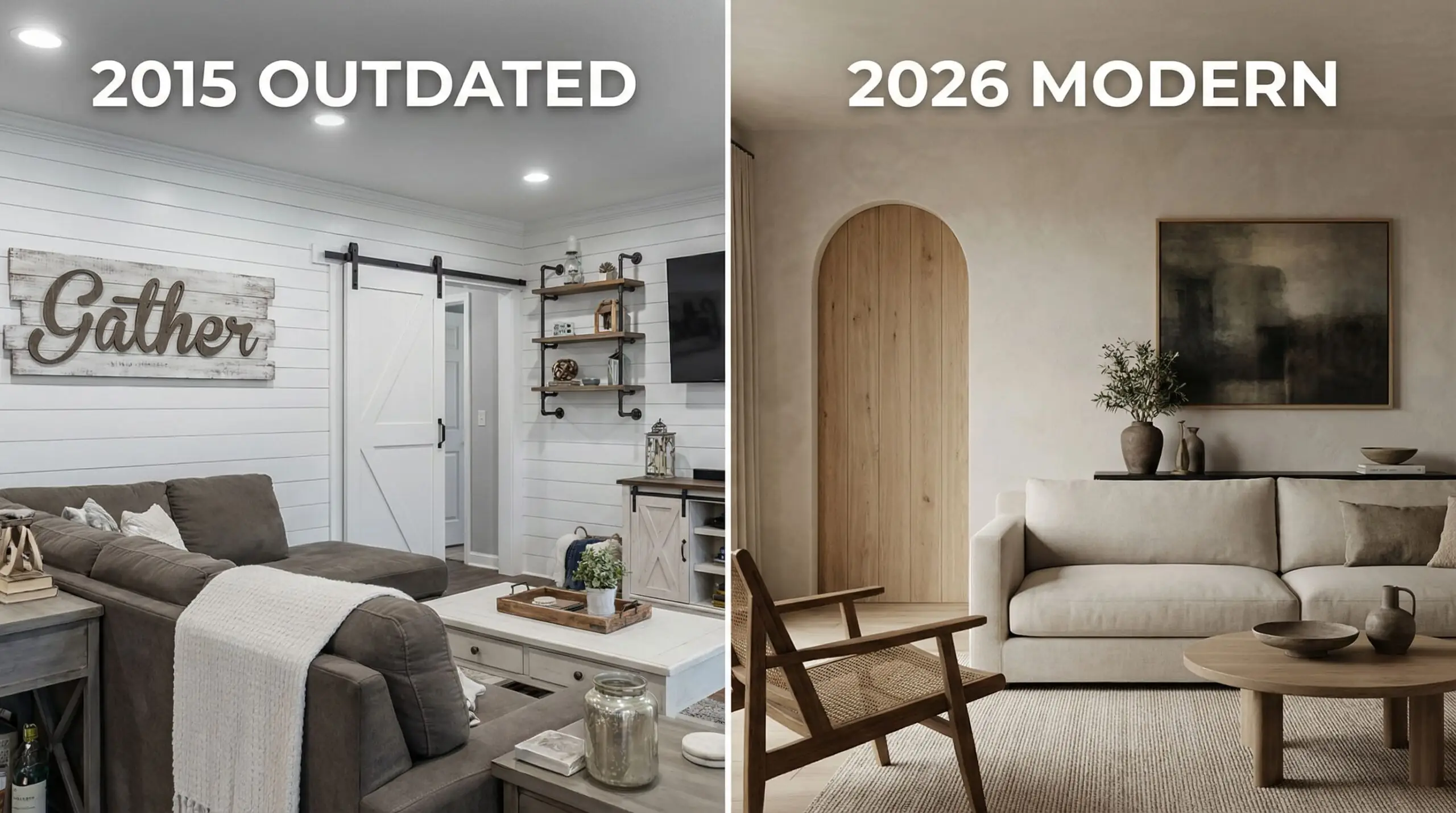 A split comparison shows a dated 2015 rustic shiplap space next to a 2026 organic modern farmhouse with warm limewash walls.