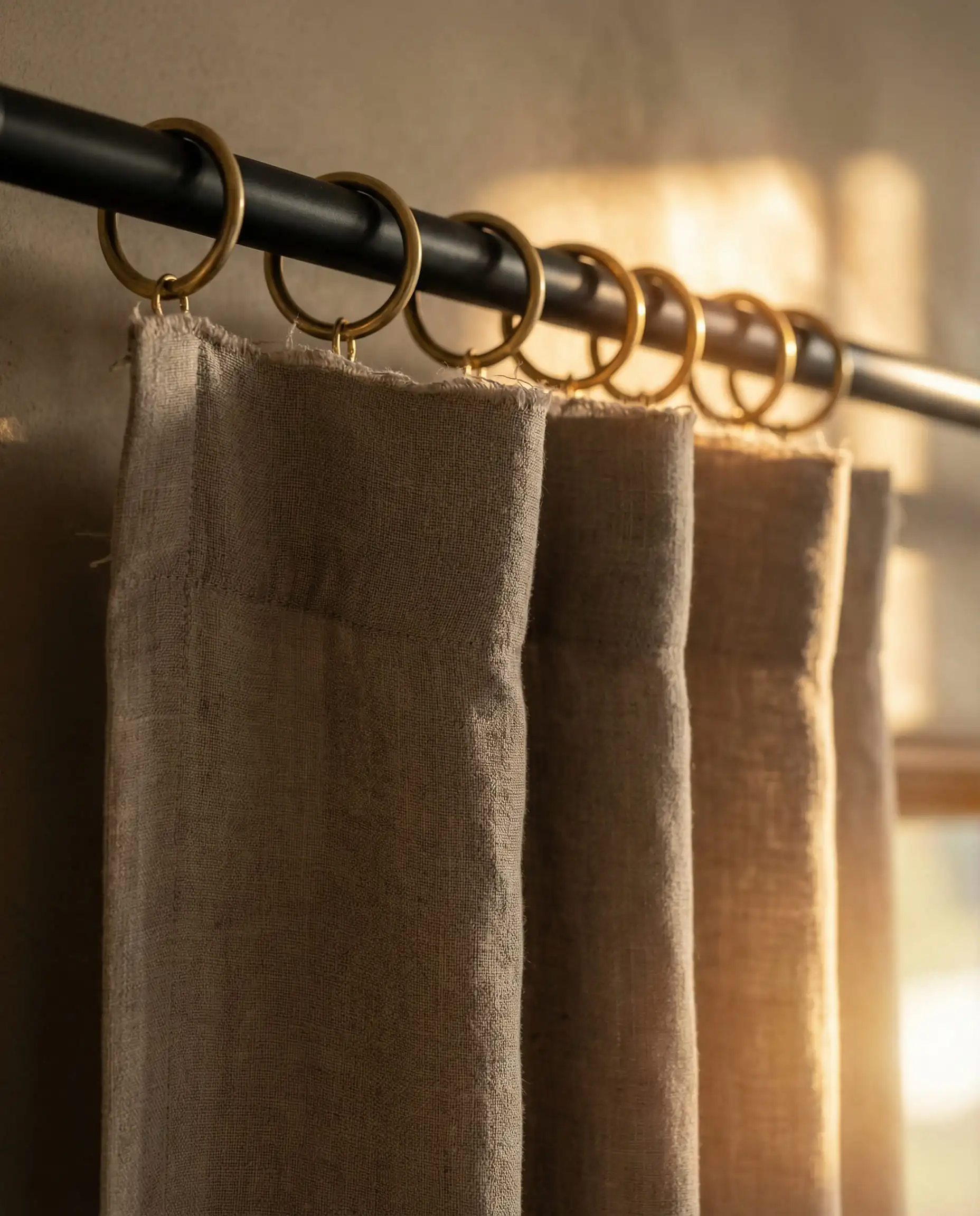High-contrast modern farmhouse decor features a matte black iron curtain rod paired with unlacquered brass rings and linen.