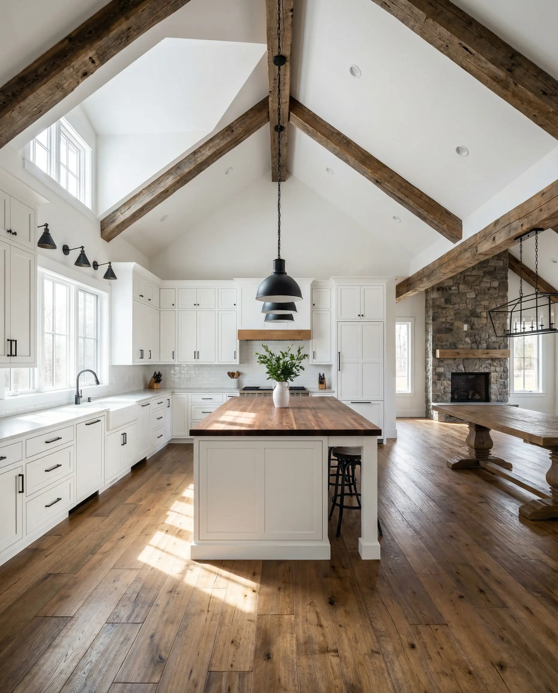 Full view of a spacious modern farmhouse kitchen with vaulted ceilings, exposed wood beams, white cabinets, and black hardware.
