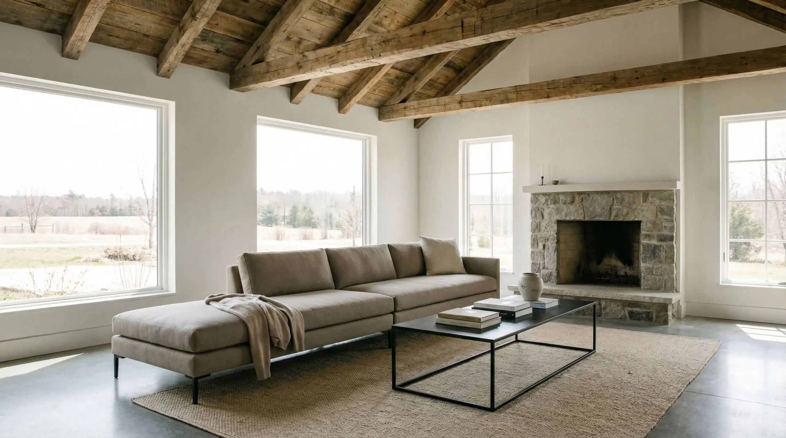 A sleek modern farmhouse living room features a warm greige bench-cushion sectional contrasting with rustic timber beams.