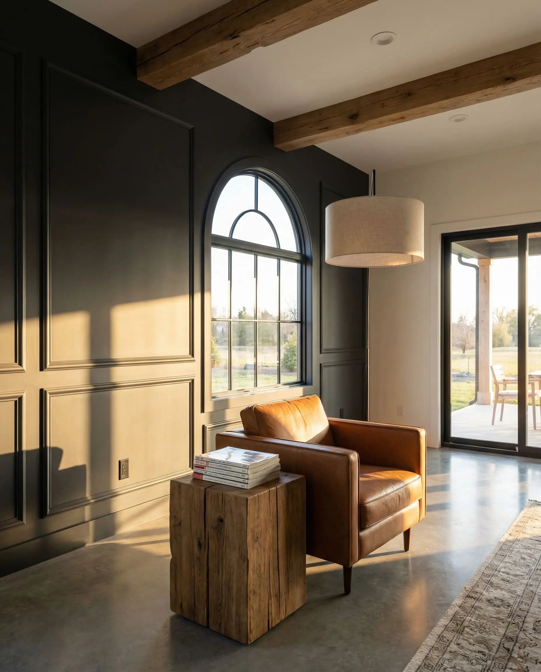A deep charcoal accent wall with picture frame molding grounds a cognac leather chair in this modern farmhouse living room.