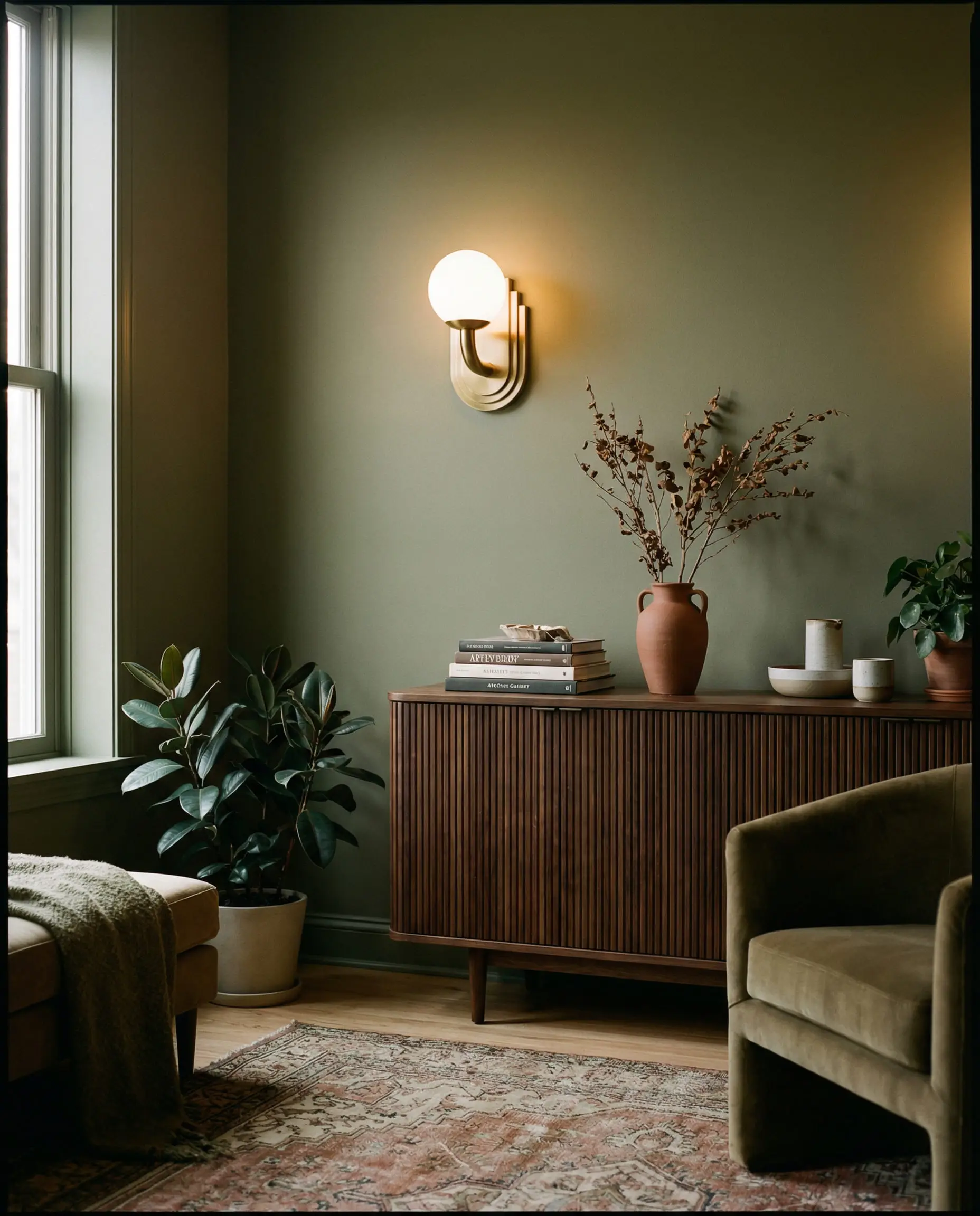A sophisticated living room featuring matte olive green walls, a brushed brass sconce, and a fluted walnut sideboard.