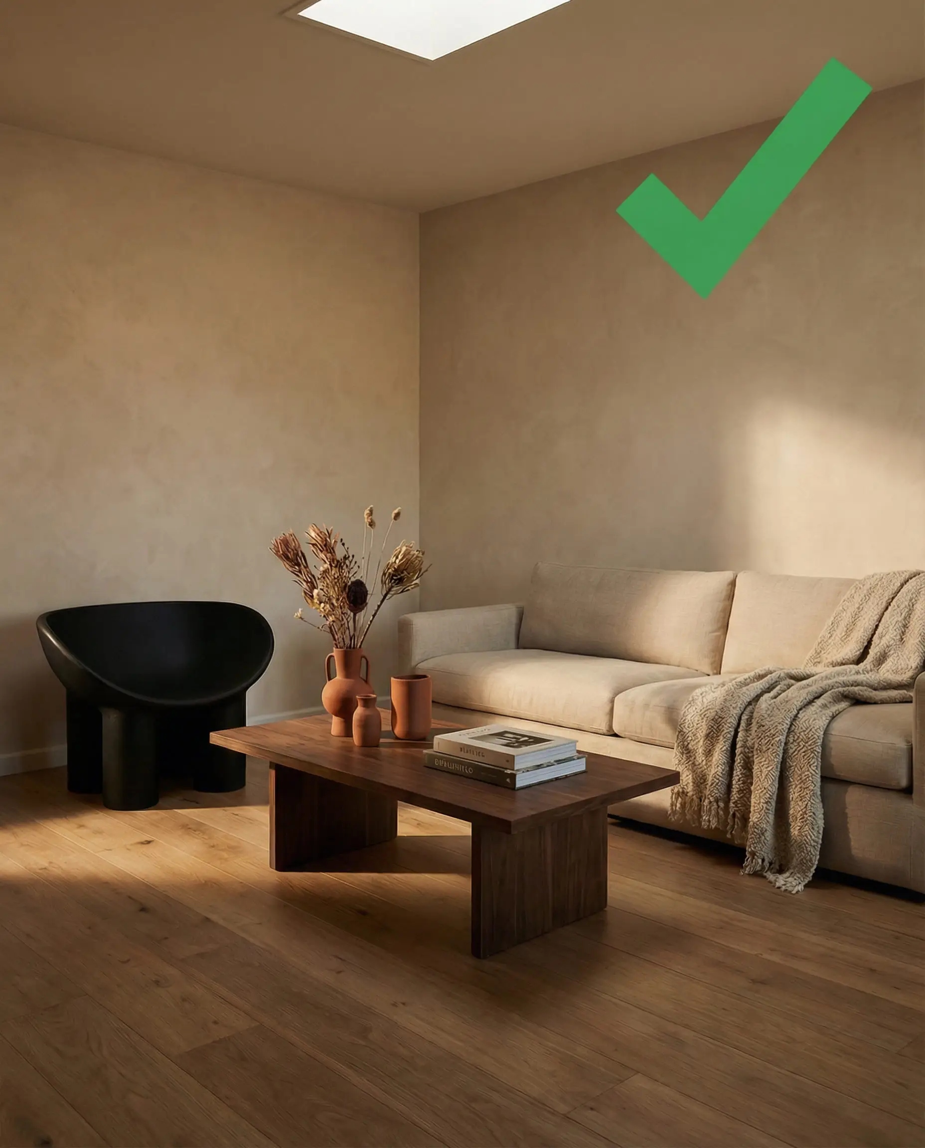 A perfectly styled organic modern living room features dimensional limewash walls, a linen sofa, a black accent chair, and mixed wood tones for contrast.