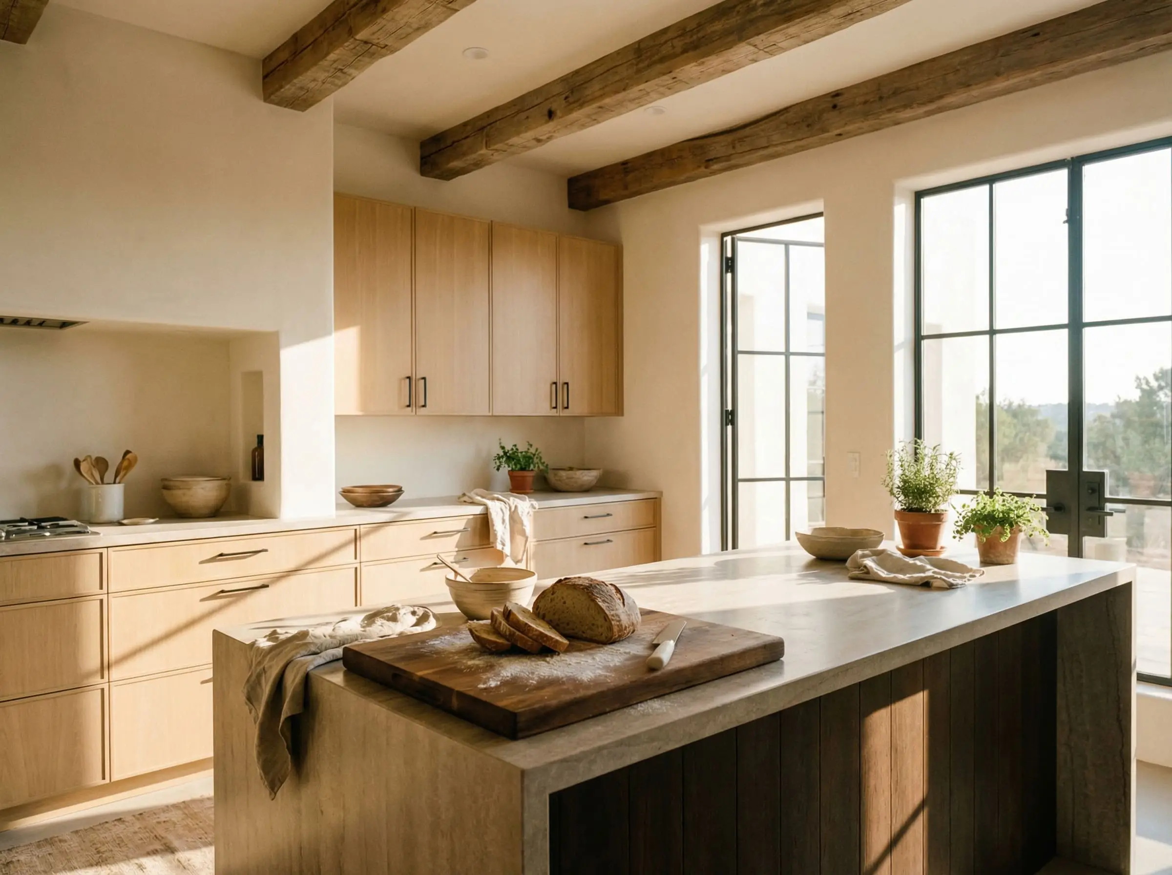 A modern organic kitchen features flat-panel white oak cabinetry, warm Tadelakt walls, exposed reclaimed wood ceiling beams, and matte black hardware.