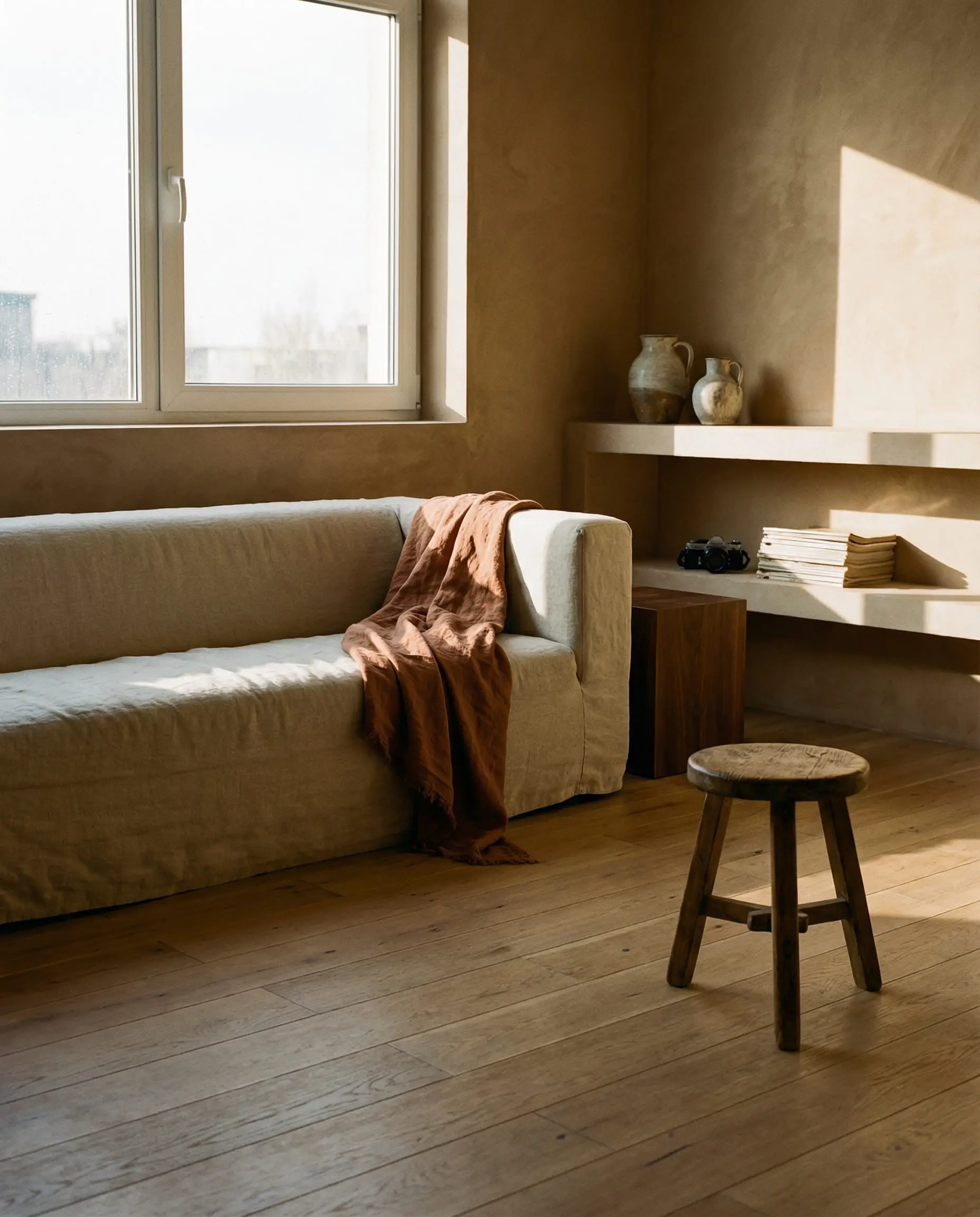 This warm modern organic style living room features a low-slung linen sofa, dimensional Roman clay walls, and a vintage wabi-sabi wooden stool.