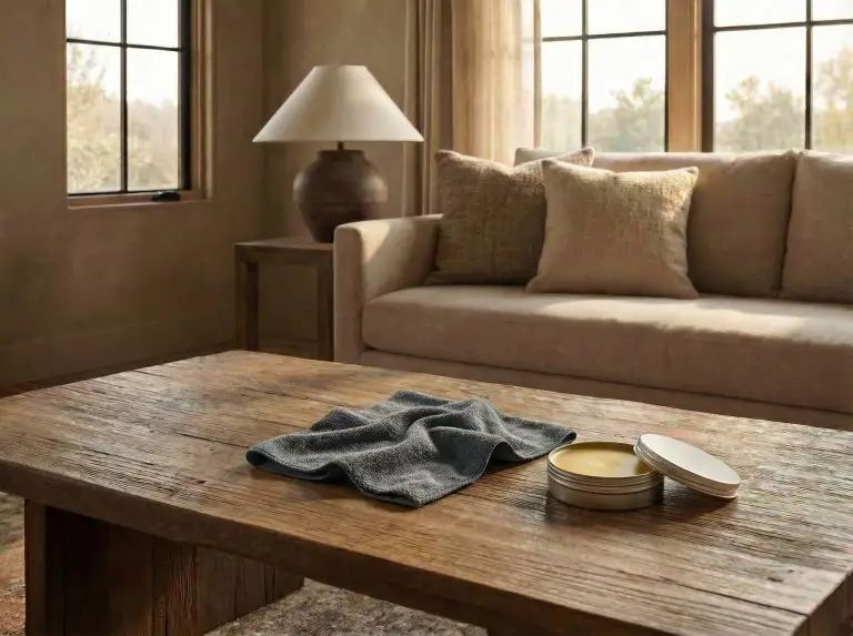 An empty, freshly conditioned rustic wood coffee table in a modern rustic living room with a tin of beeswax on the floor.