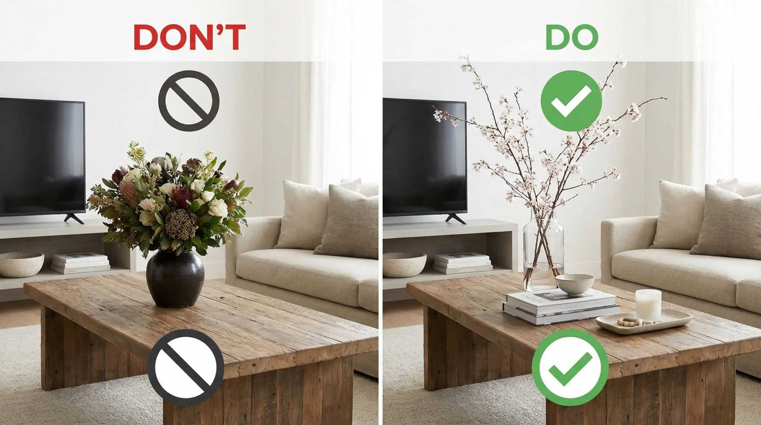 Split-screen of modern rustic living room styling comparing an obstructive floral arrangement with an off-center glass vase.