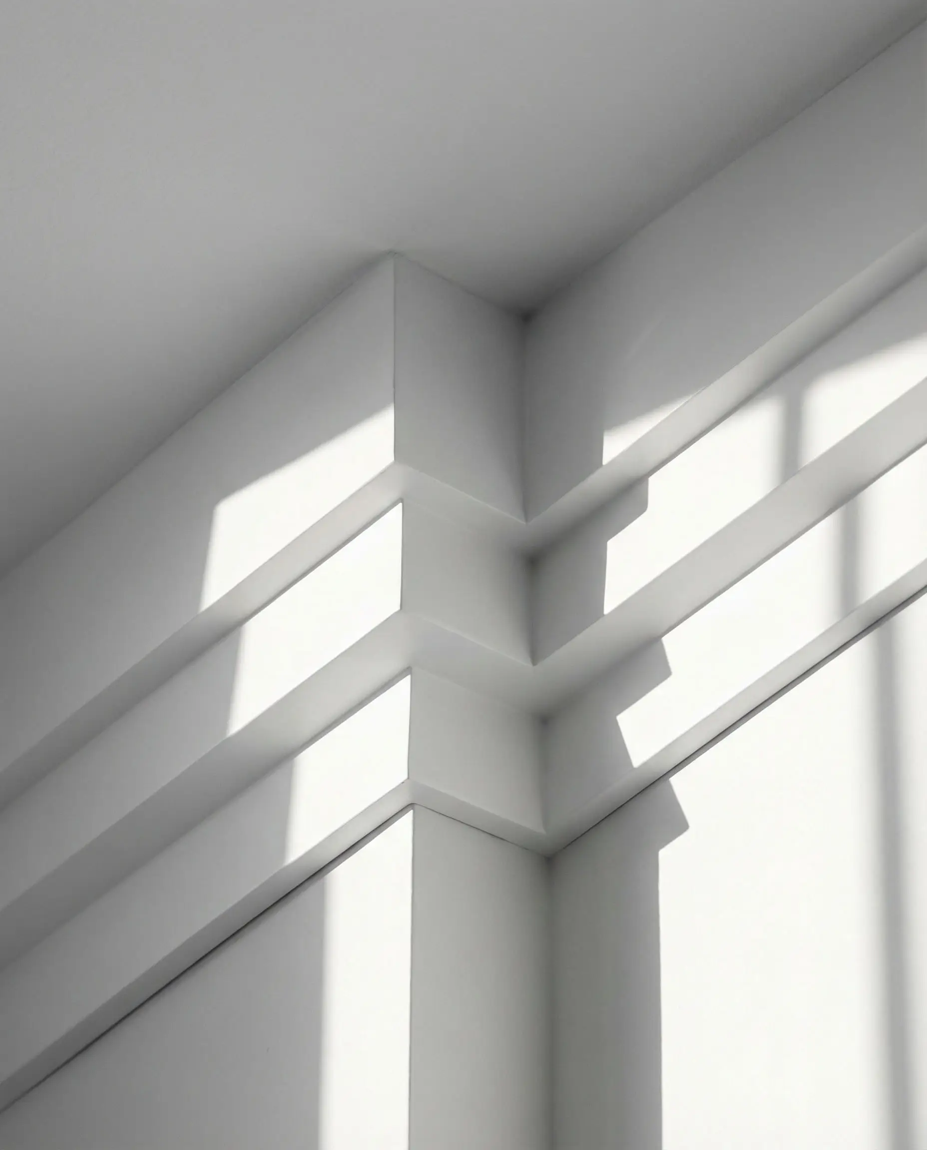 Close-up architectural detail of a sharp, geometric step profile crown molding casting crisp shadows on a white ceiling.